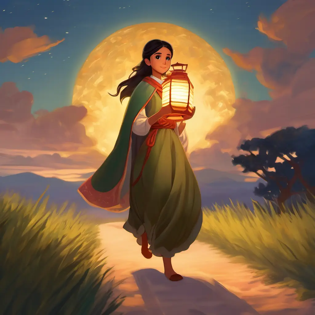 Young girl, olive skin, dark eyes, wearing a traditional dress's lantern begins its journey into the sky.