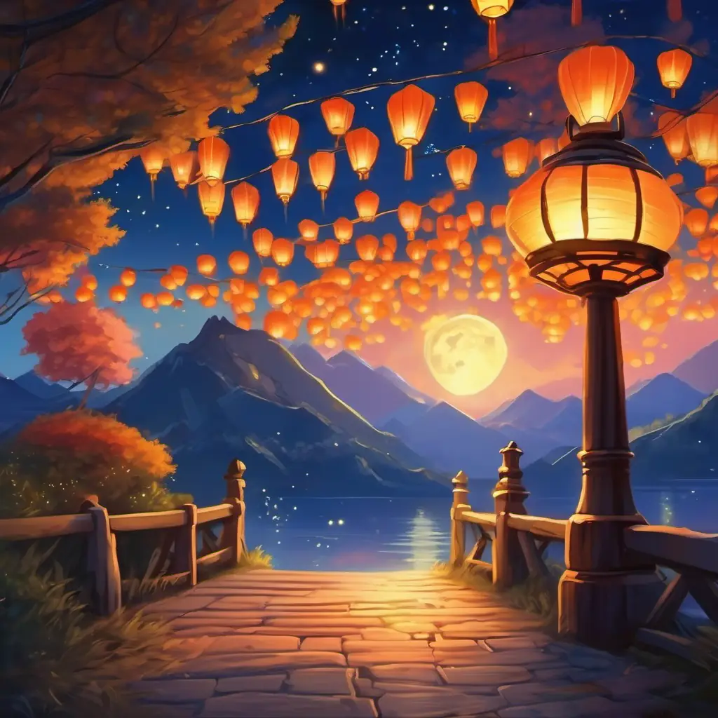 Lantern touches the night sky's beauty.