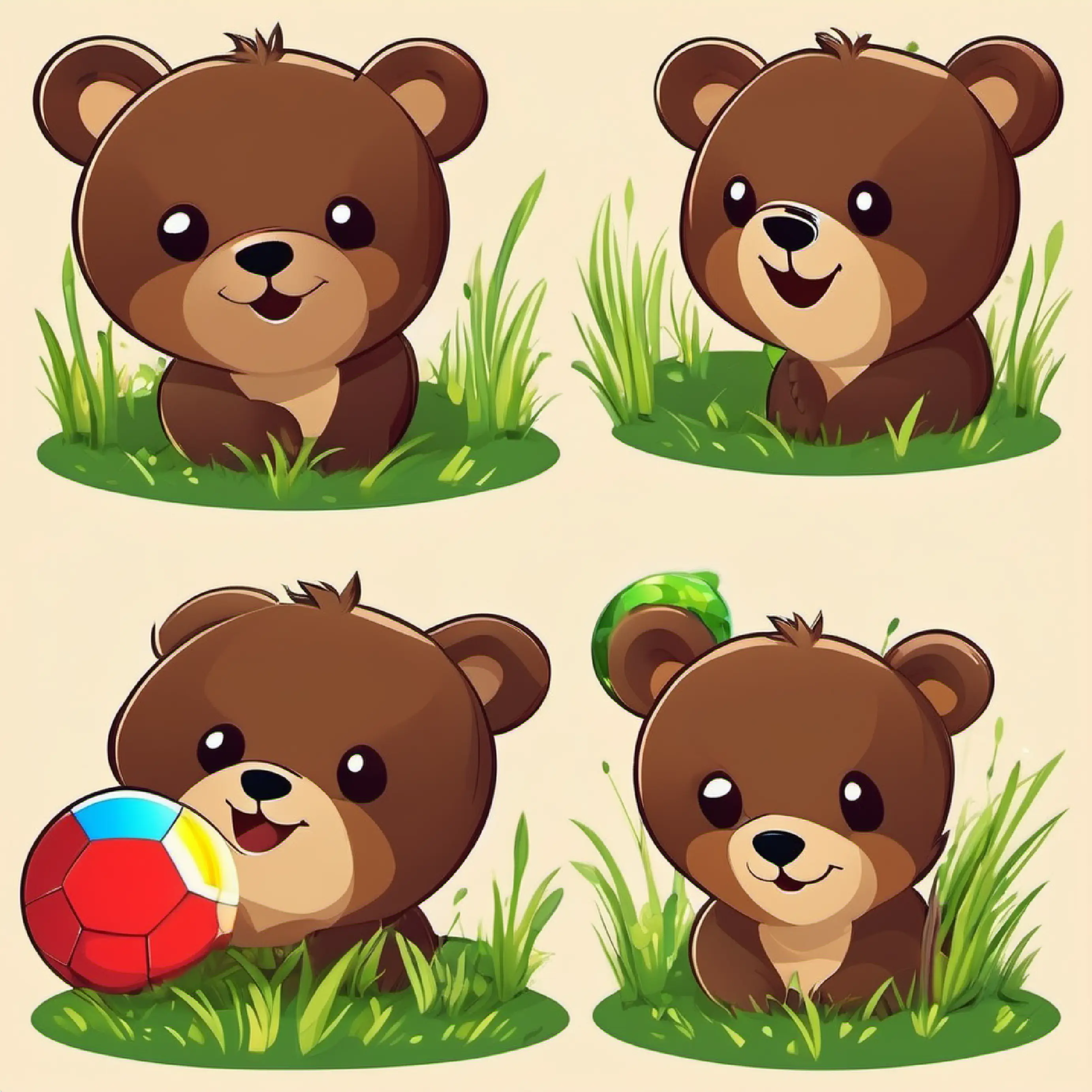 A round ball, smiling Brown bear, friendly smile, holding a ball, green grass.