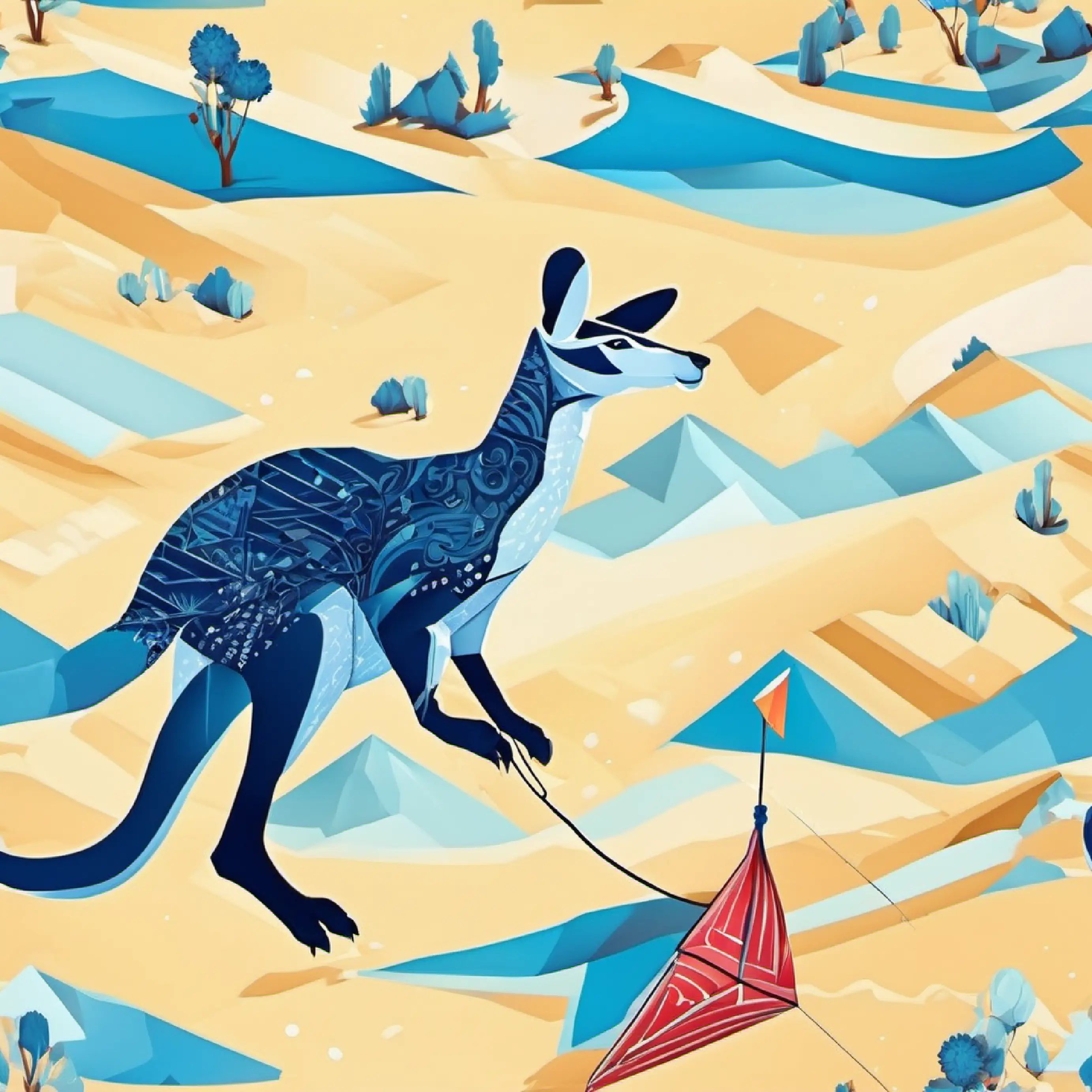 Kangaroo holding a kite, clear blue sky.