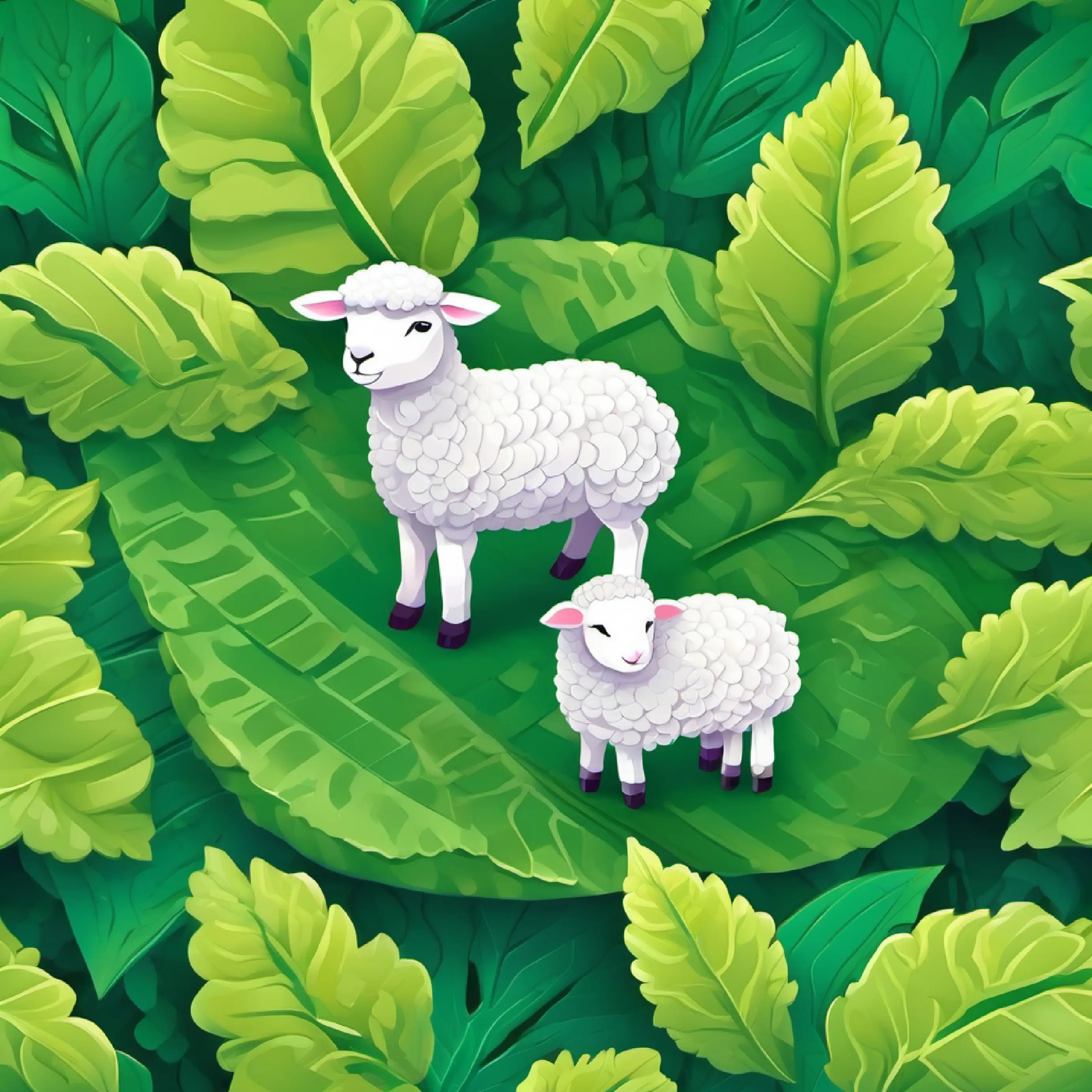 Green leaf, small Soft lamb, woolly coat, resting on a leaf on top, peaceful scene.