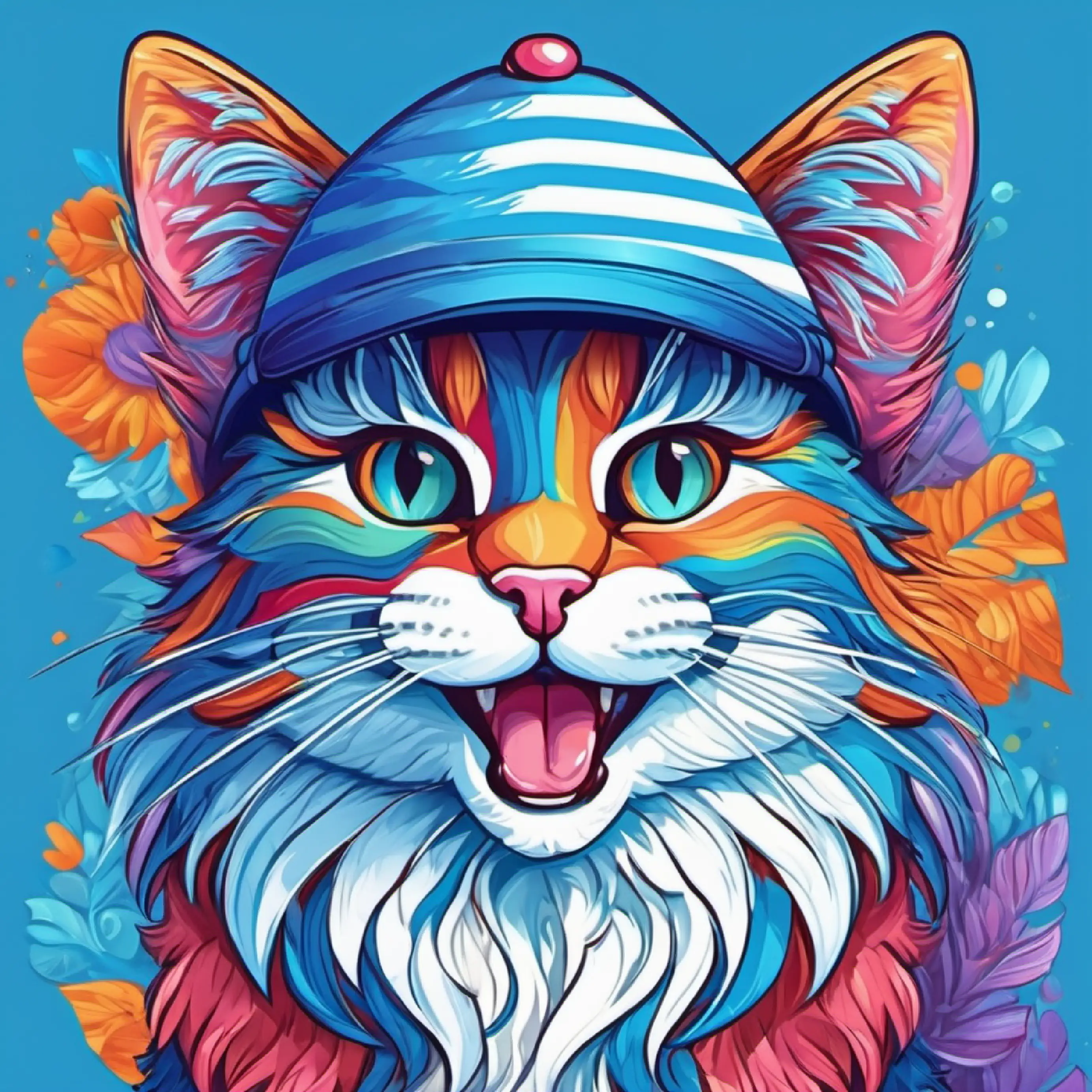 A grinning Fluffy cat, with pointy ears, in a colorful cap, wearing a striped cap, blue background.