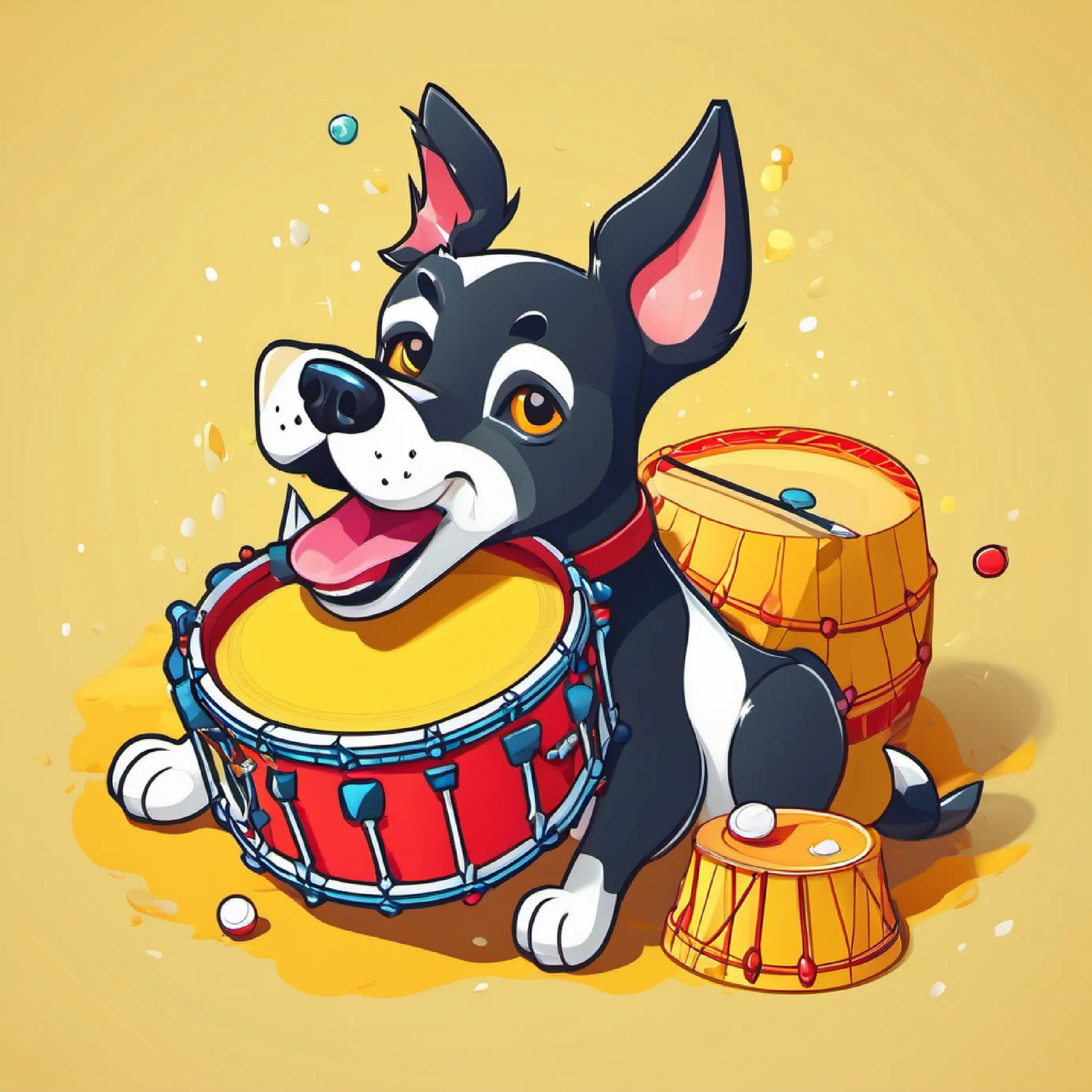 Happy Jolly dog, wagging tail, beside a drum, holding a drum, yellow ground.