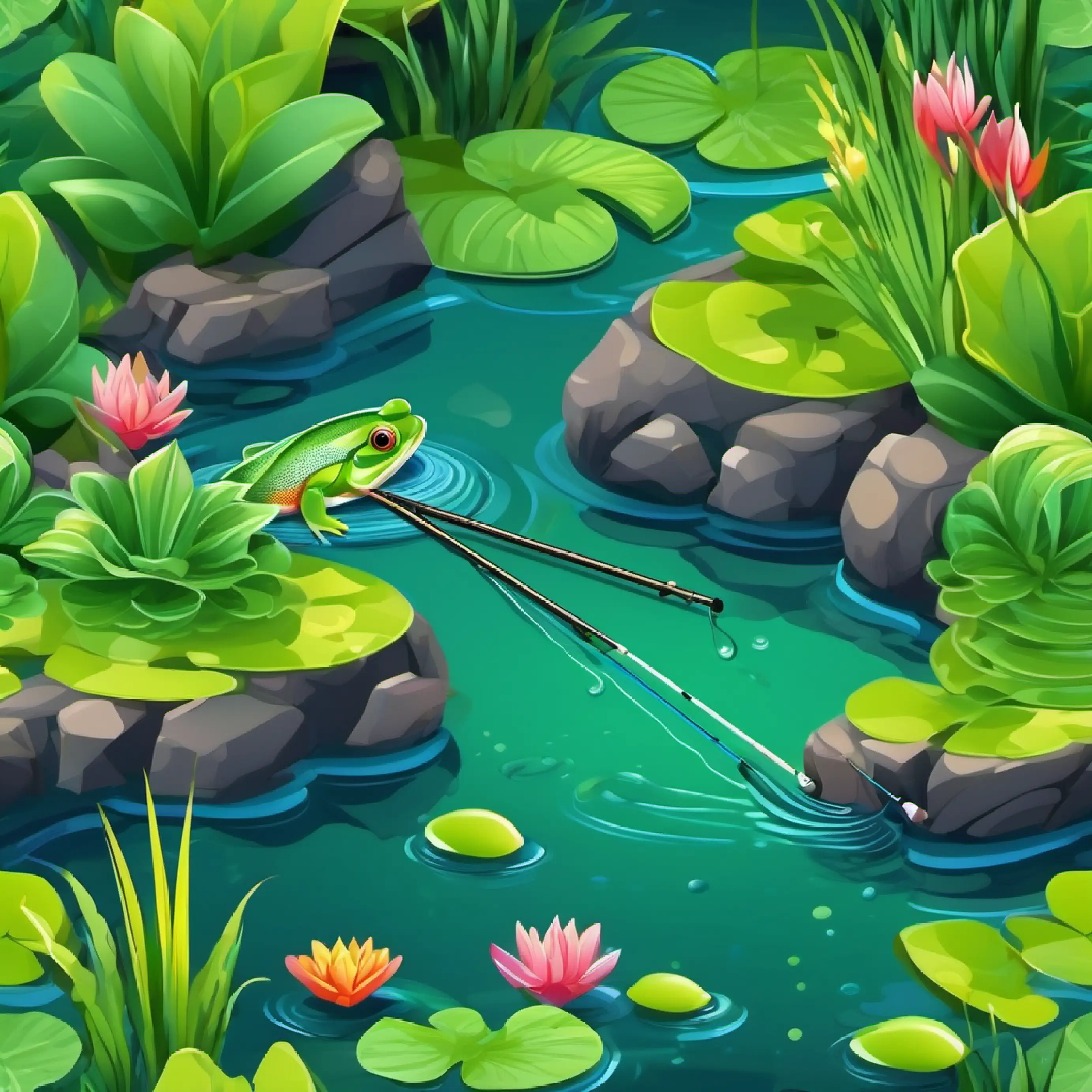 Fish in water, Green frog, fishing rod in hand, at a pond with a fishing rod, pond setting.