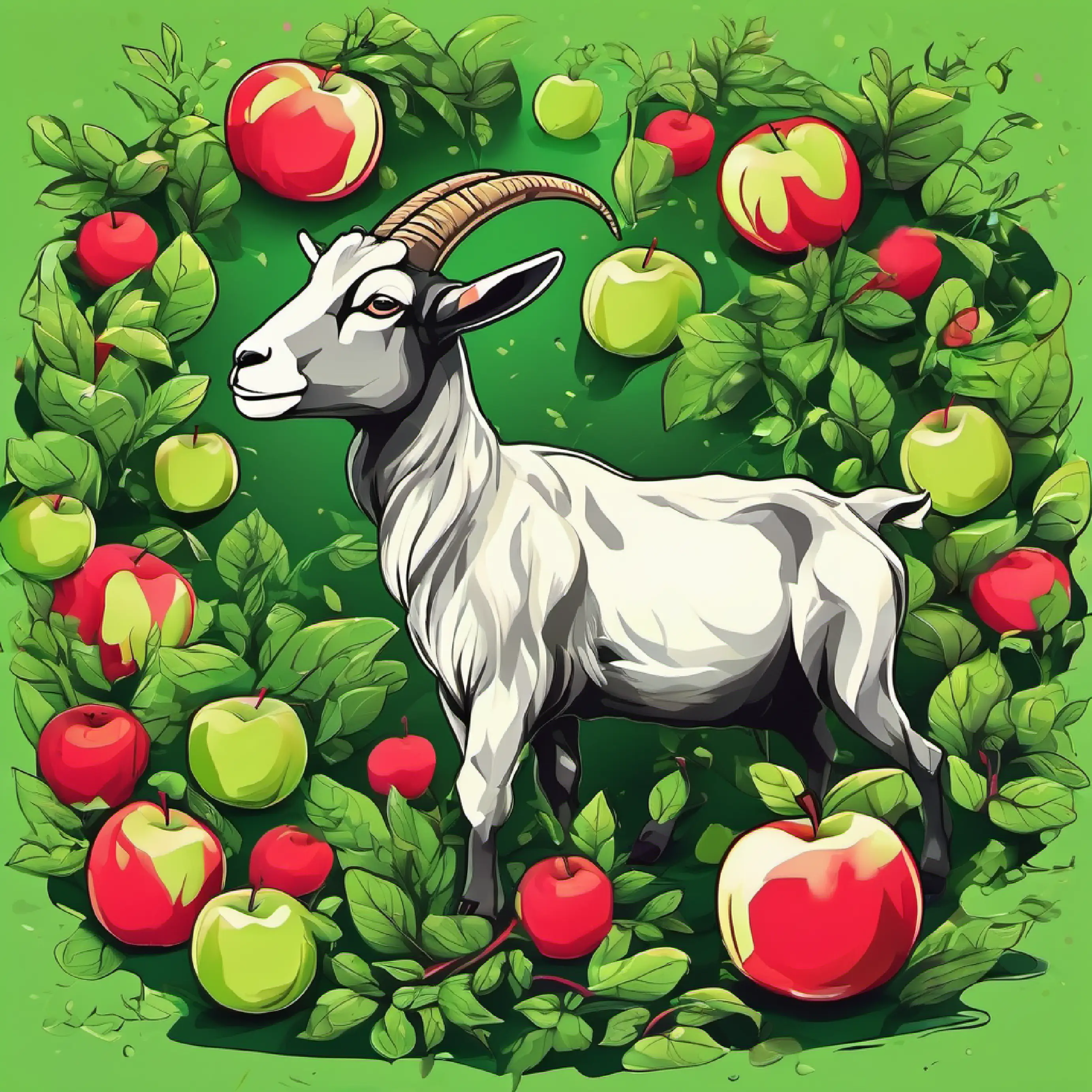 Goat standing, myriad of green plTiny ant, black body, on an apples around.