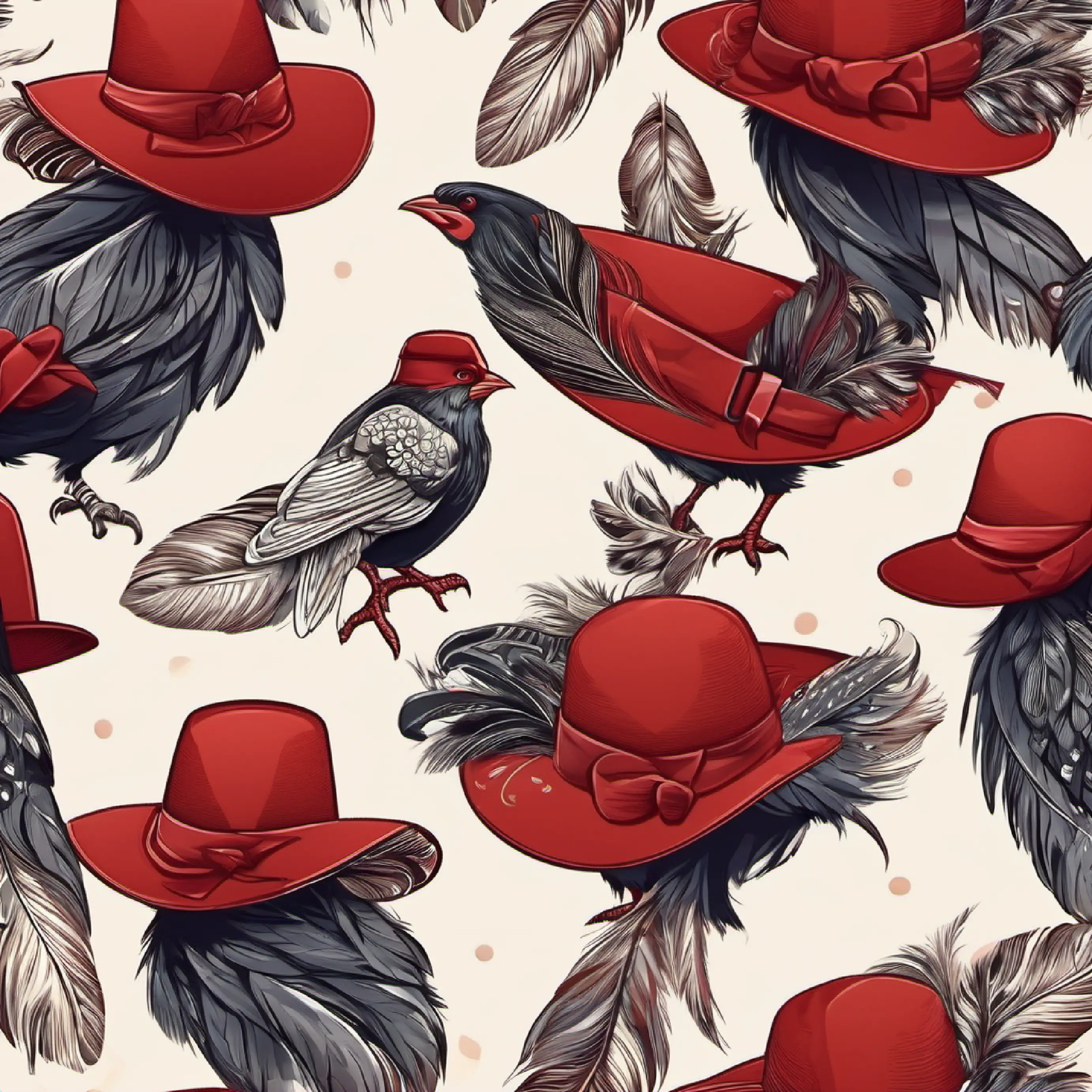 Red hat, Red hen, spotted feathers, sporting a stylish hat looking proud, brown barn.