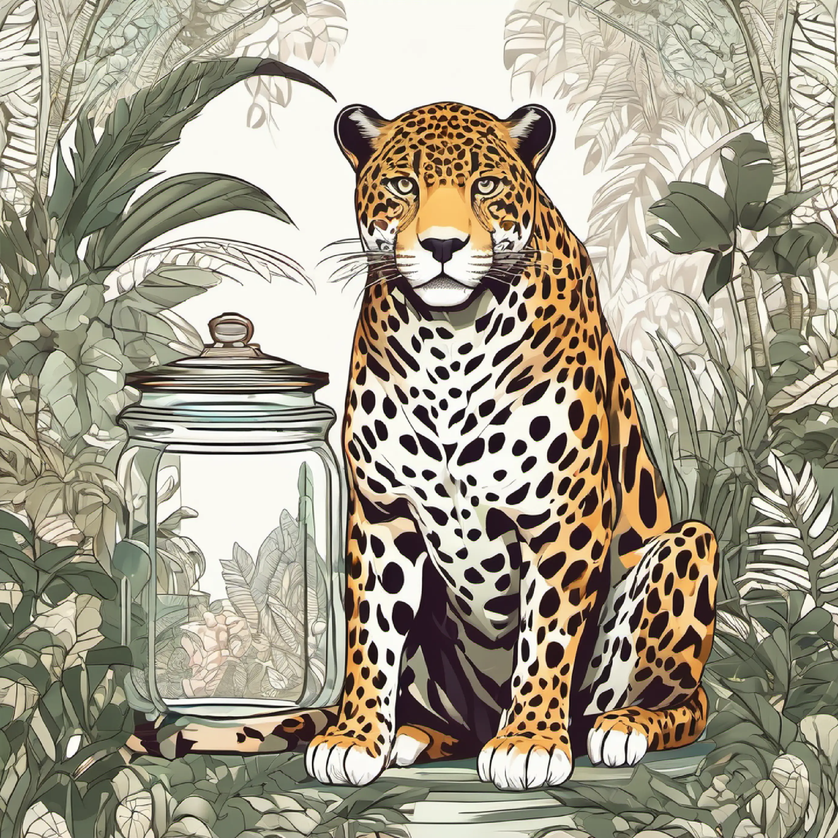 Jaguar sitting, big jar beside, jungle backdrop.