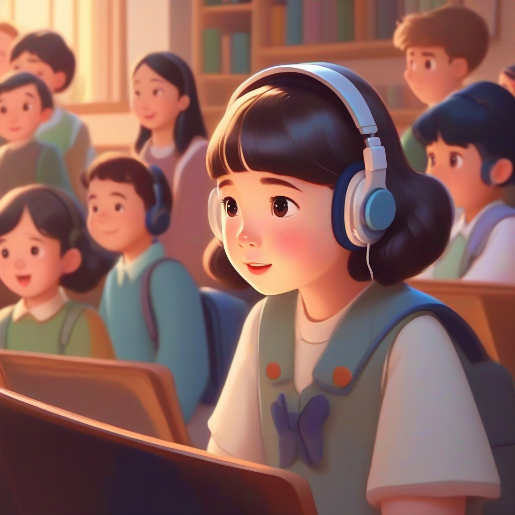 Lily - A girl who loves learning and attending online class listening to her teacher with her friends in the background.