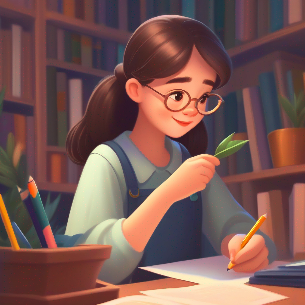 Lily - A girl who loves learning and attending online class working on her assignments with a pencil and paper.