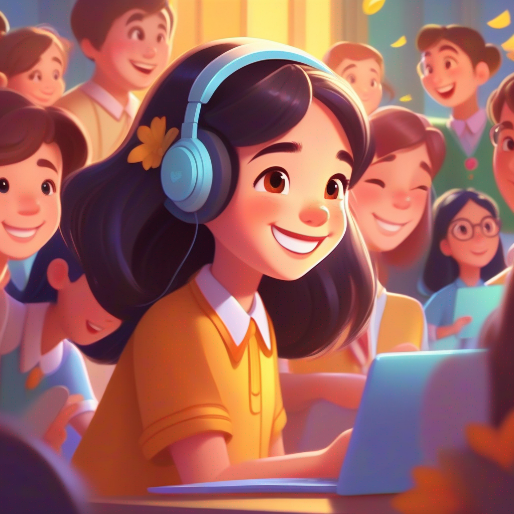 Lily - A girl who loves learning and attending online class smiling and surrounded by her online classmates.