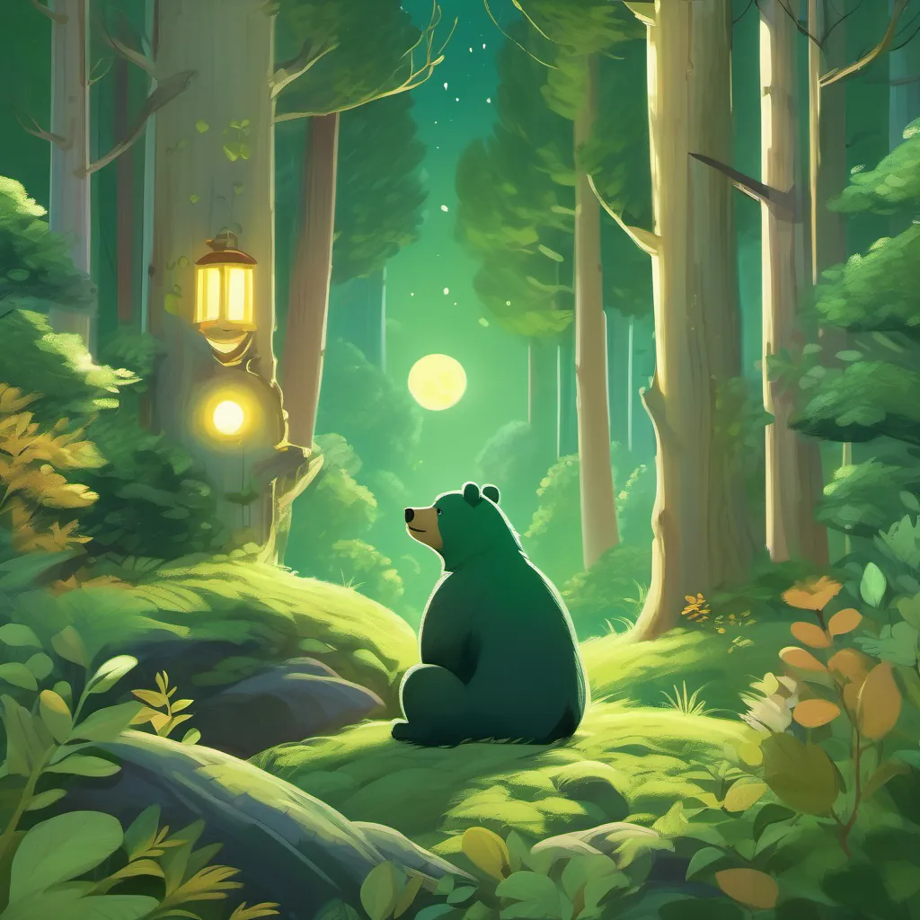 A lush green forest under a glowing moon with a small bear named A small bear with fluffy fur, a curious expression, and a gentle demeanor looking around curiously.