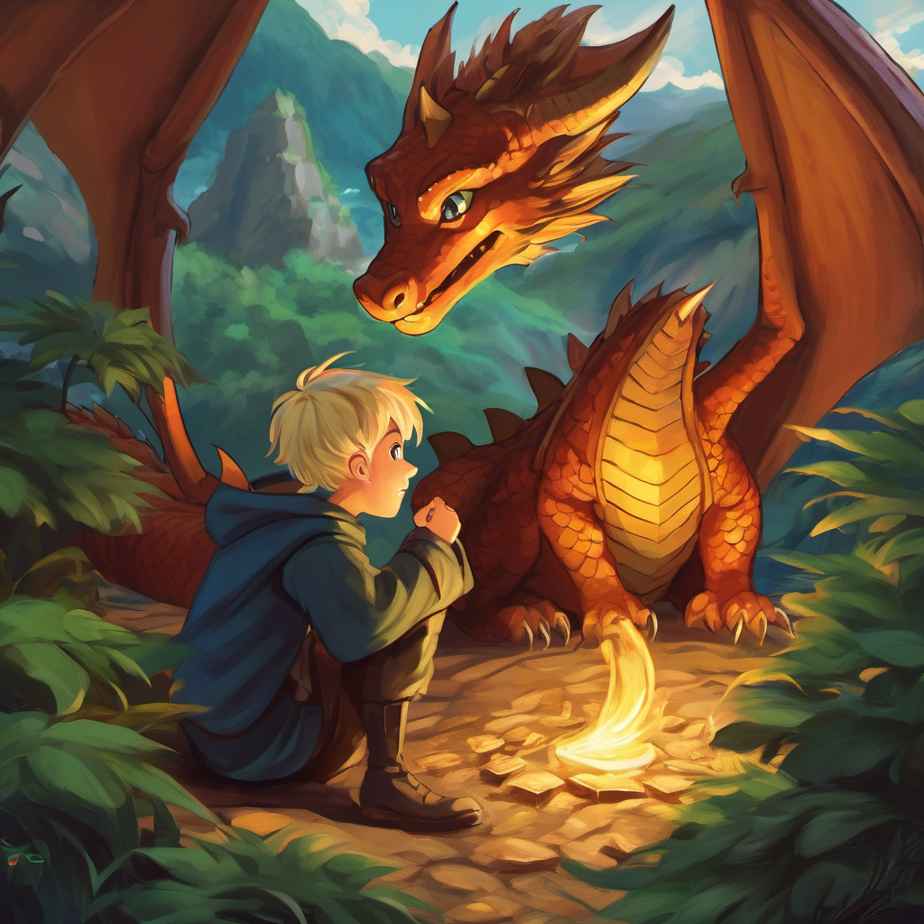 "But what Arthur didn't know was that this treasure belonged to a powerful dragon named Draco. The dragon was furious when he discovered Arthur's presence and woke up from his deep slumber." "Draco, being an ancient and wise dragon, knew that Arthur didn't mean to steal the treasure. So instead of attacking him, Draco offered him a choice. If Arthur could solve three riddles, Draco would let him keep the treasure."