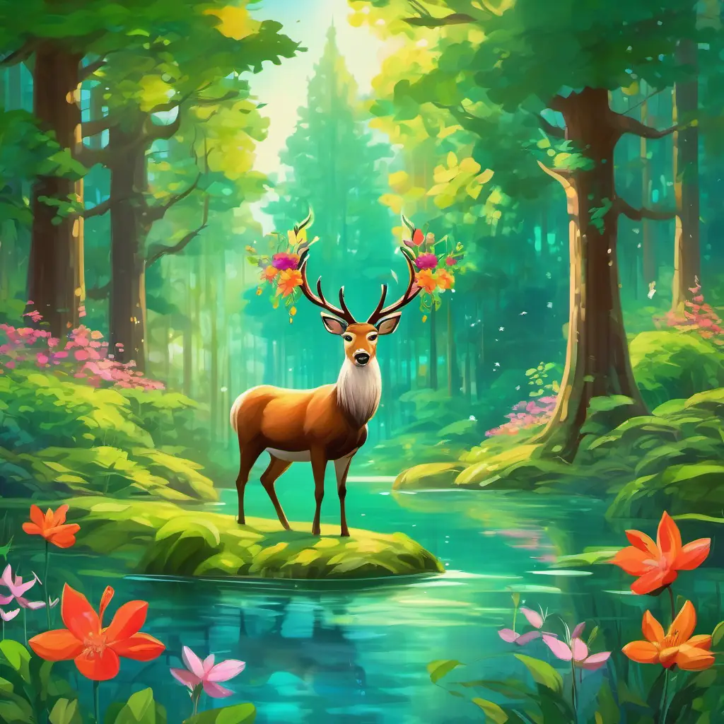 A lush green forest with tall trees and colorful flowers. The A magnificent reindeer with majestic horns and thin legs with beautiful horns is swimming in a serene pond, surrounded by chirping birds.