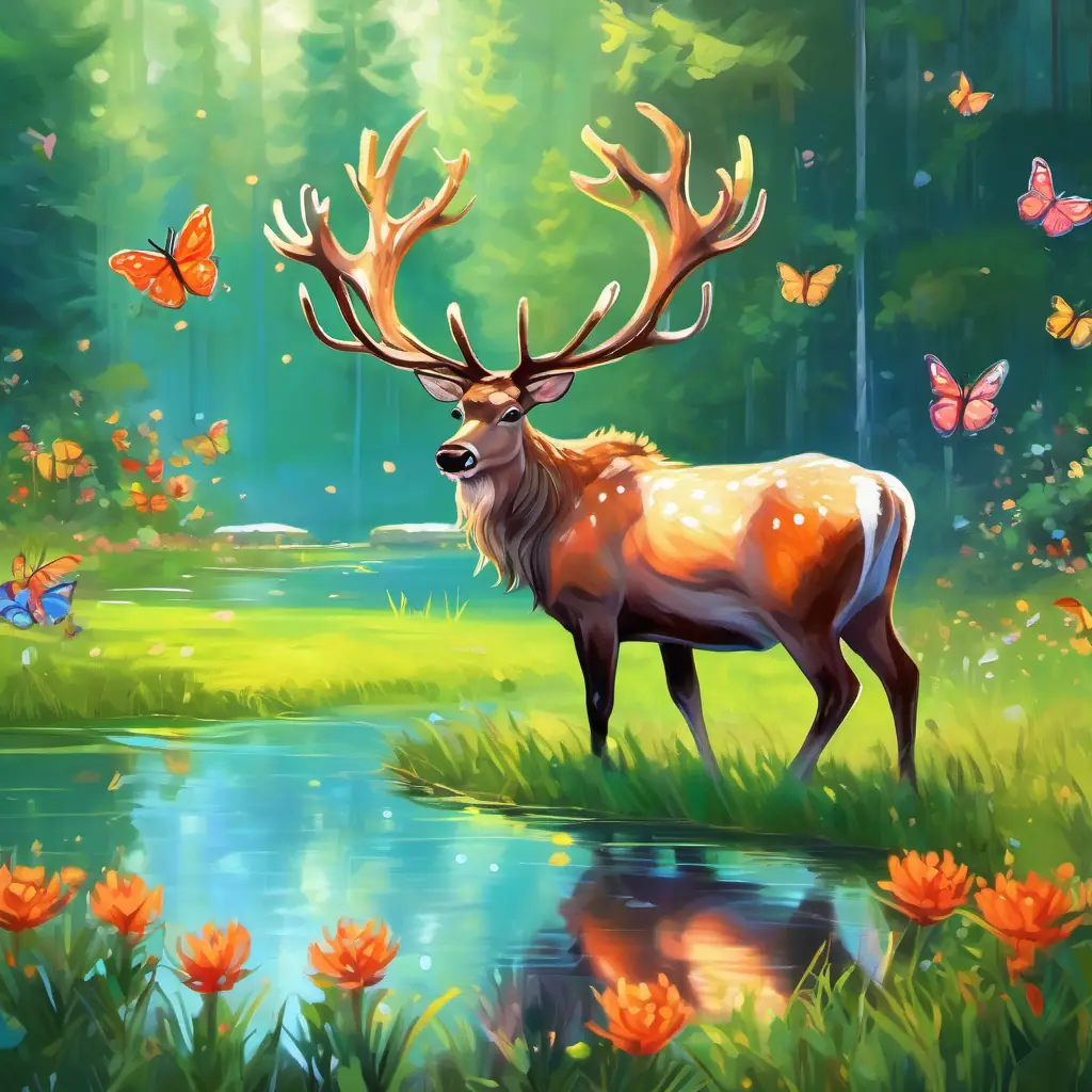 The A magnificent reindeer with majestic horns and thin legs is looking at his reflection in the pond, surrounded by lush green grass and colorful butterflies. His horns are grand and majestic, contrasting with his thin and fragile legs.