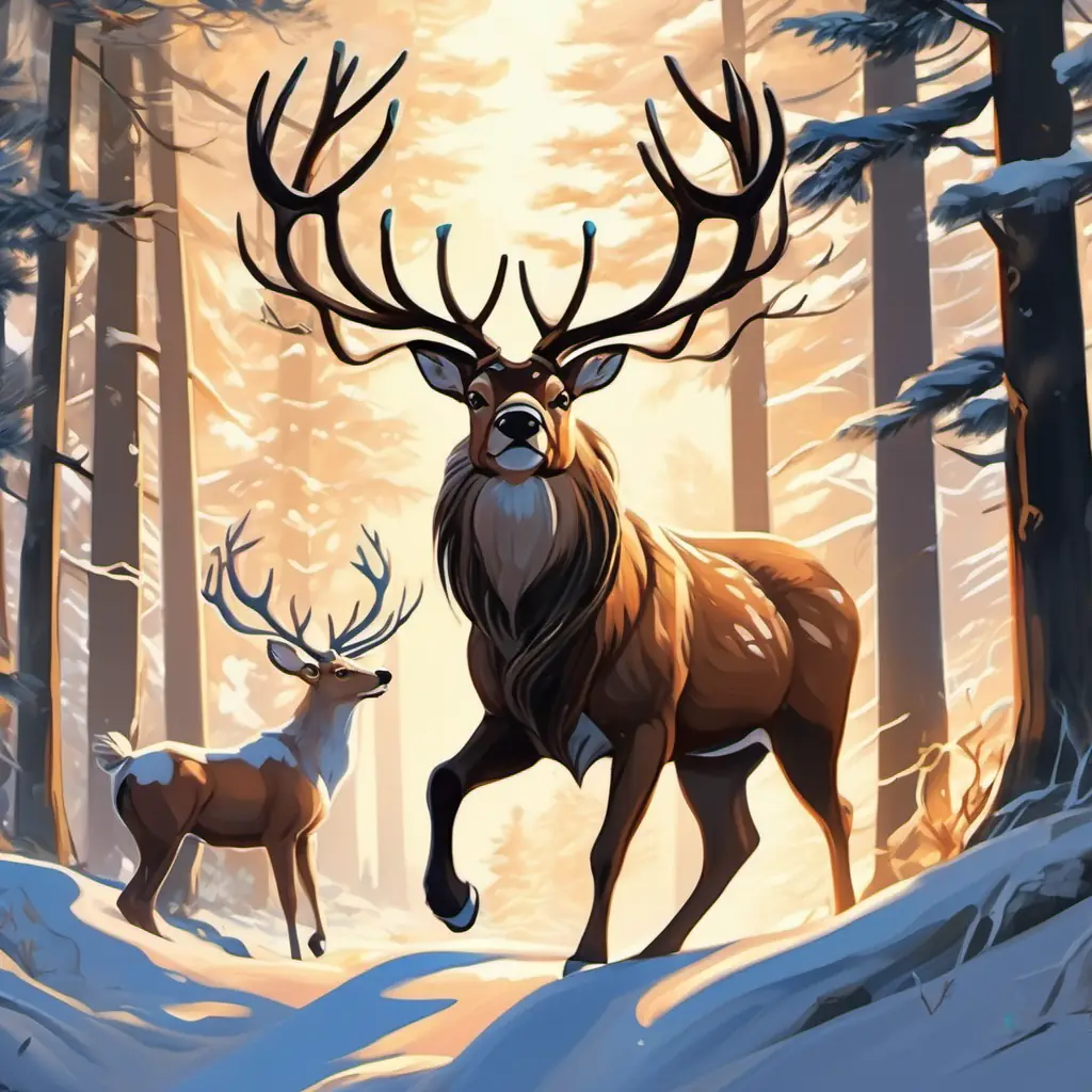 The hunting dogs are running behind the A magnificent reindeer with majestic horns and thin legs through the forest. The A magnificent reindeer with majestic horns and thin legs's thin legs are propelling him forward, while his horns stand tall, catching glimpses of sunlight.