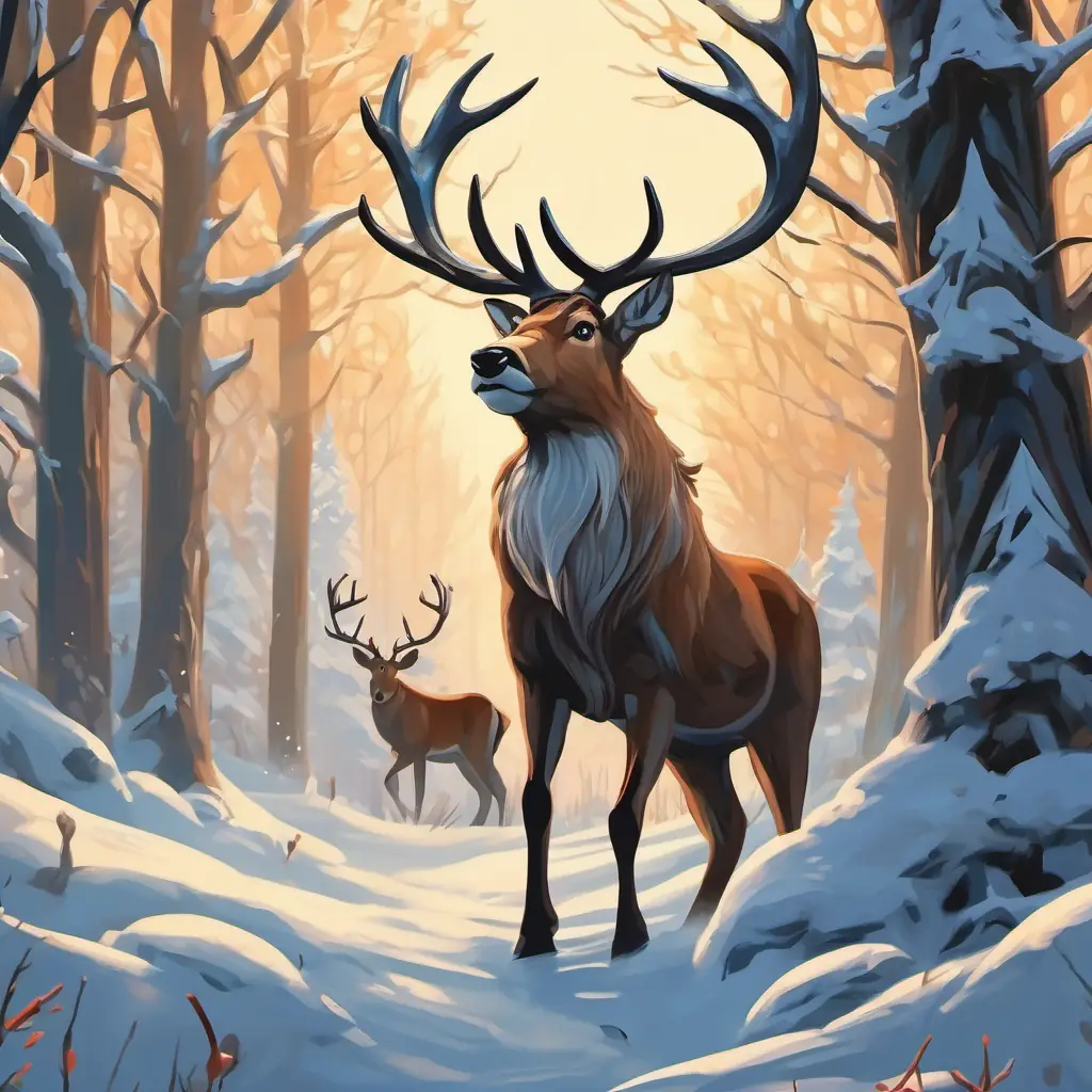 The A magnificent reindeer with majestic horns and thin legs is trapped, entangled between the branches of a tree. The hunting dogs are closing in on him, their menacing presence felt. His horns are stuck, causing him distress.