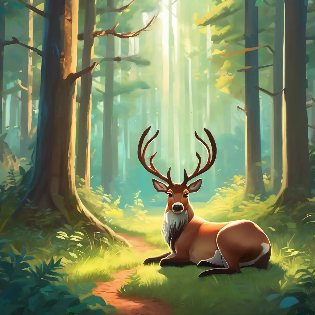 The A magnificent reindeer with majestic horns and thin legs rests on the ground, critically injured. His eyes are filled with regret, understanding the consequences of his arrogance. Surrounding him is a serene forest with gentle sunlight filtering through the trees.