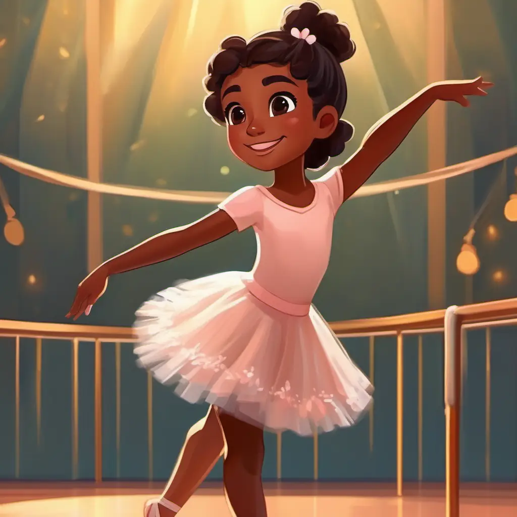 Energetic girl with brown skin and dark brown eyes, wears ballet outfit practices ballet, joyful and focused.