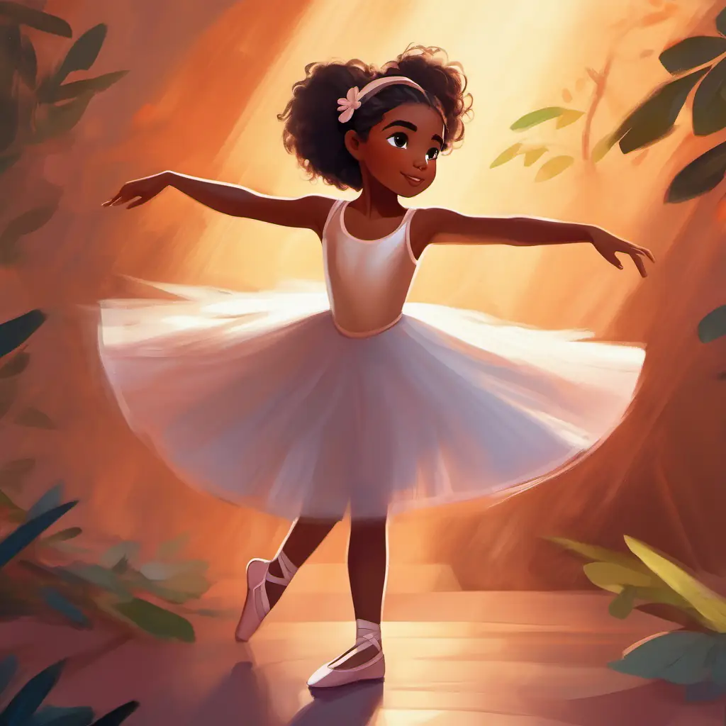 Energetic girl with brown skin and dark brown eyes, wears ballet outfit connects dance with empathy, feeling fulfilled.