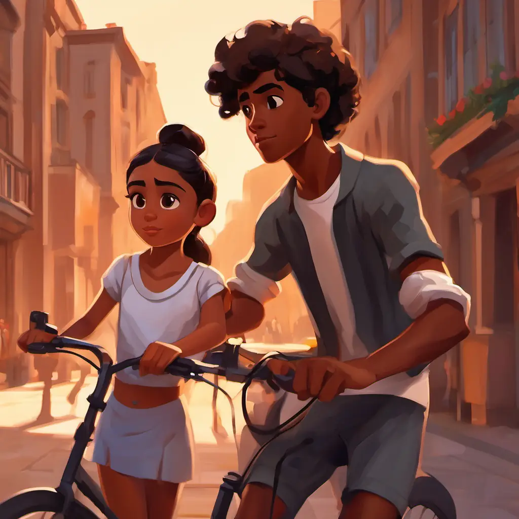 Energetic girl with brown skin and dark brown eyes, wears ballet outfit meets Thoughtful boy with tan skin and black eyes, often in casual wear, who is upset about his broken bike.