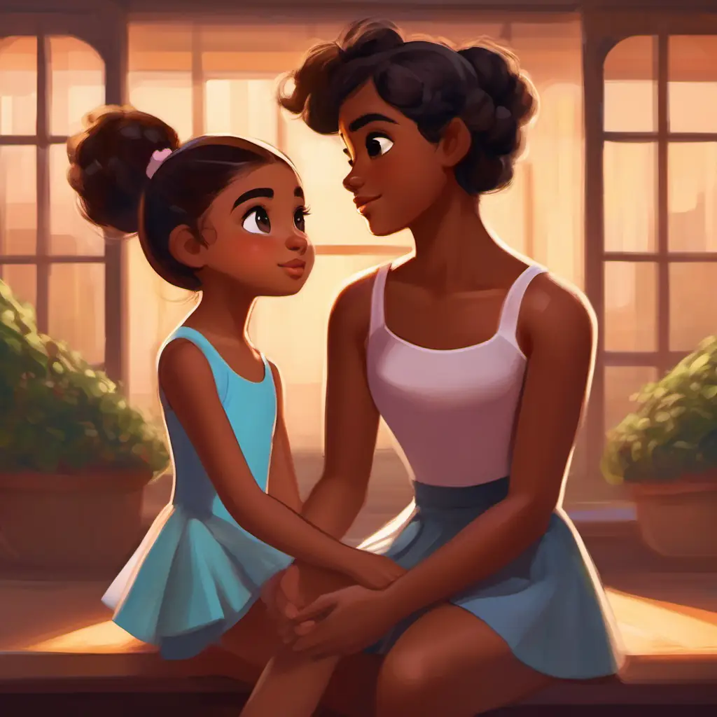 Energetic girl with brown skin and dark brown eyes, wears ballet outfit offers to help Thoughtful boy with tan skin and black eyes, often in casual wear, showing concern.