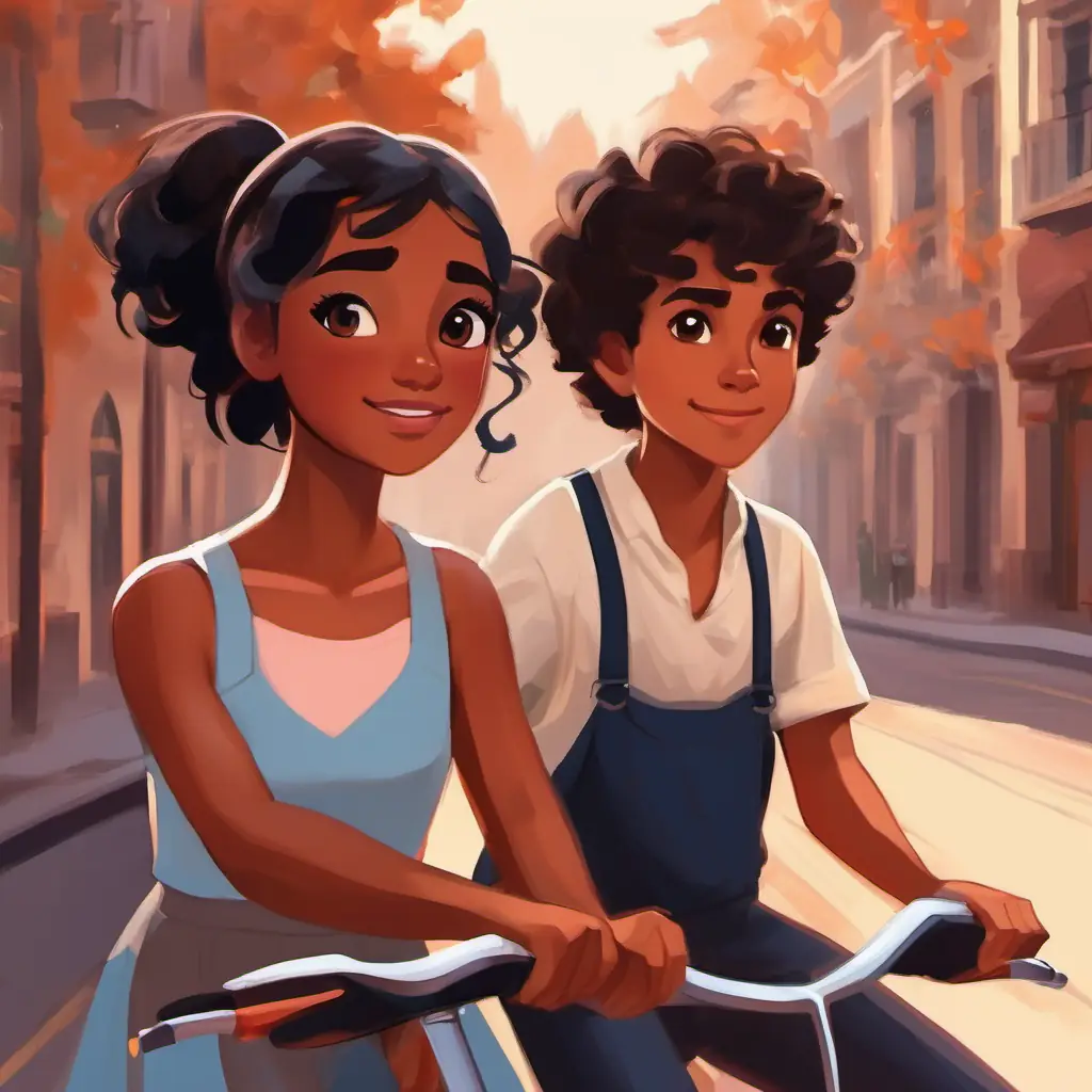 Energetic girl with brown skin and dark brown eyes, wears ballet outfit and Thoughtful boy with tan skin and black eyes, often in casual wear work on the bike, bonding over stories.