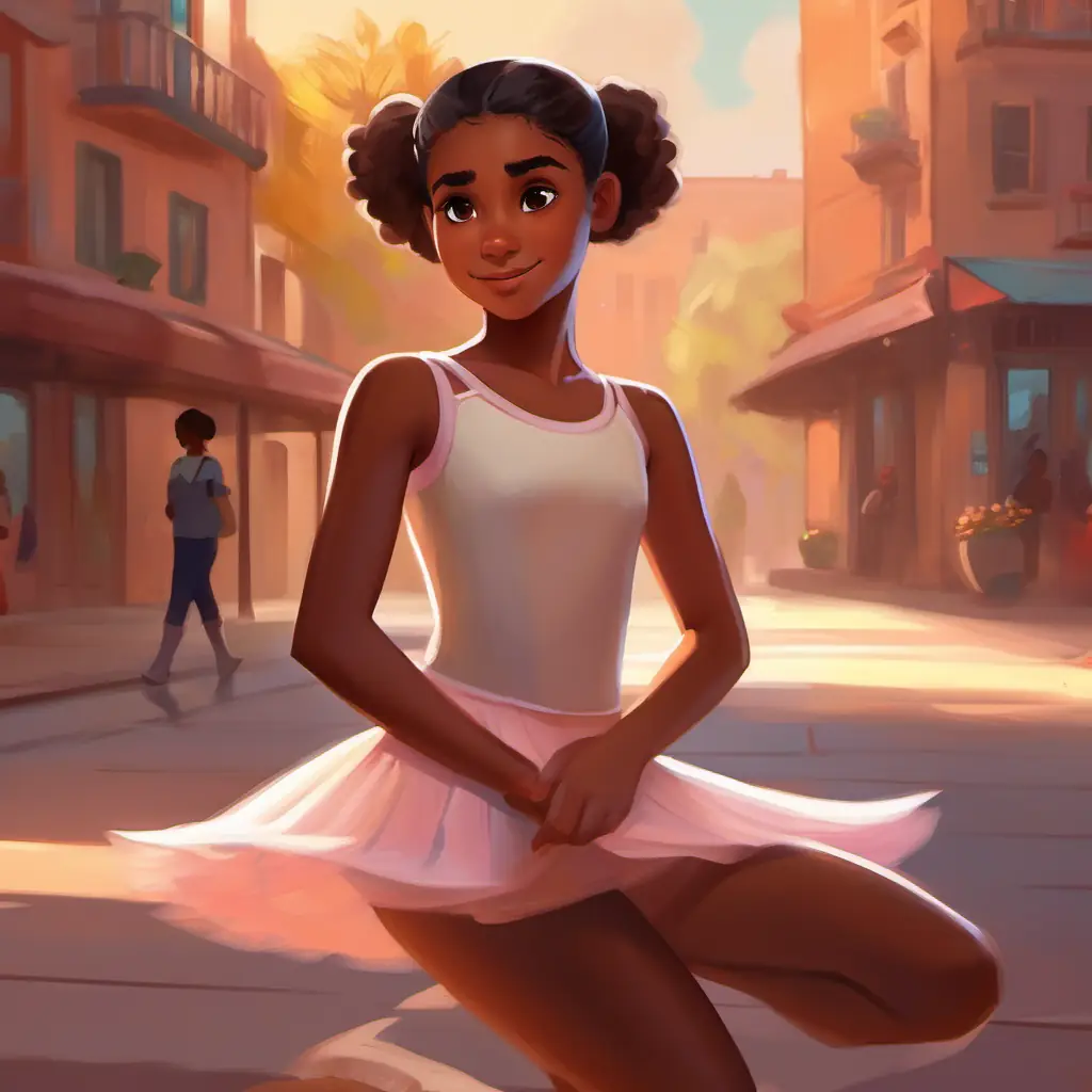 Energetic girl with brown skin and dark brown eyes, wears ballet outfit notices New girl with dark skin and kind brown eyes, shy but friendly, the new girl, feeling isolated.