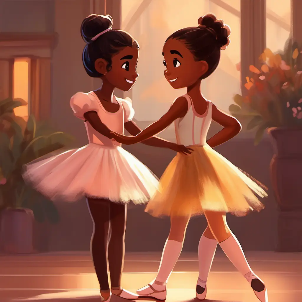 Energetic girl with brown skin and dark brown eyes, wears ballet outfit befriends New girl with dark skin and kind brown eyes, shy but friendly, recalling her own experience.