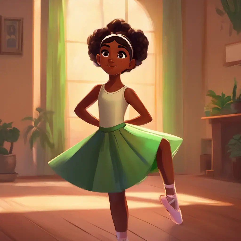 Energetic girl with brown skin and dark brown eyes, wears ballet outfit observes Kindly teacher with olive skin and green eyes, wears comfortable clothes in pain and feels concern.