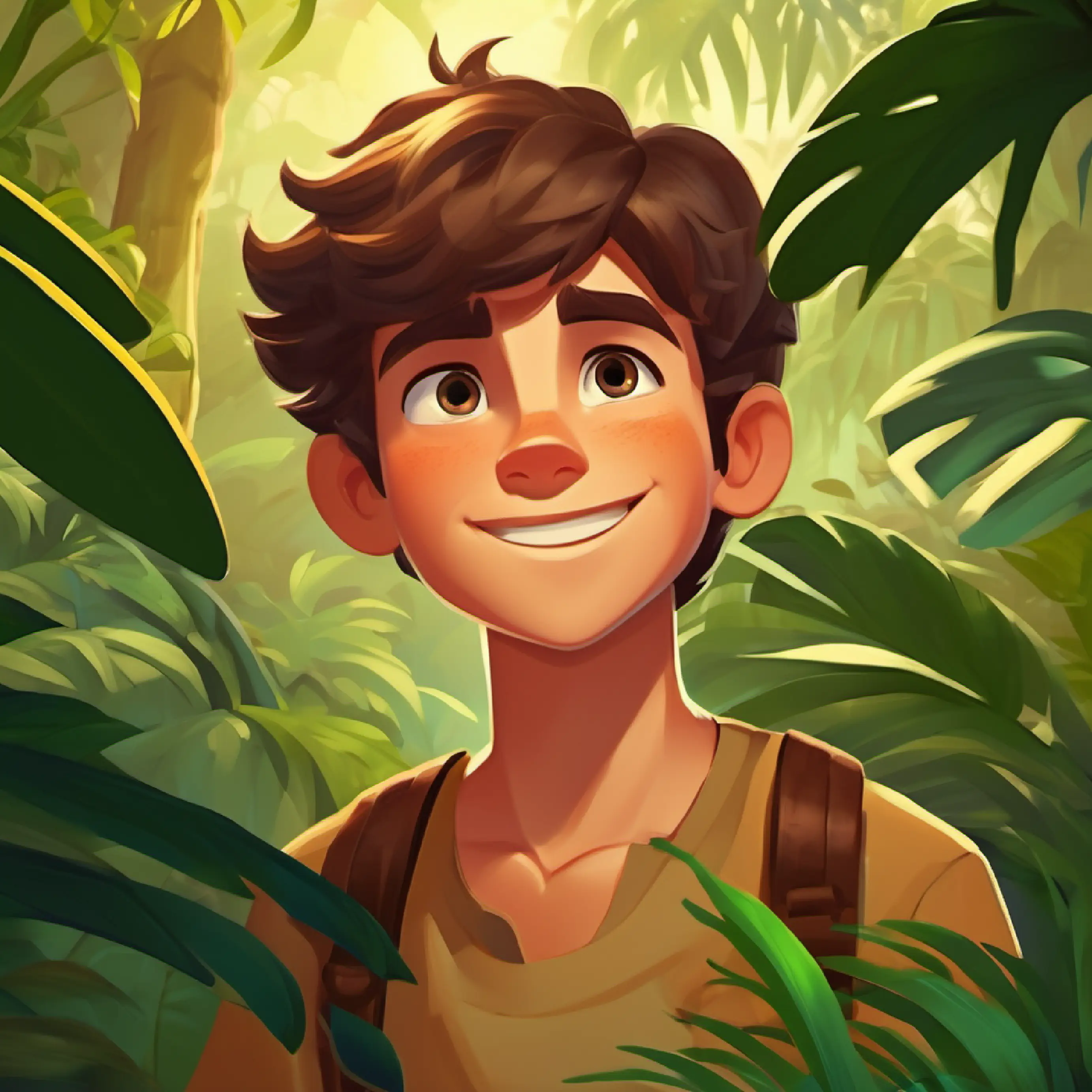 Introducing Brave boy with brown hair, curious eyes, and a warm smile and the dense, lively jungle setting.