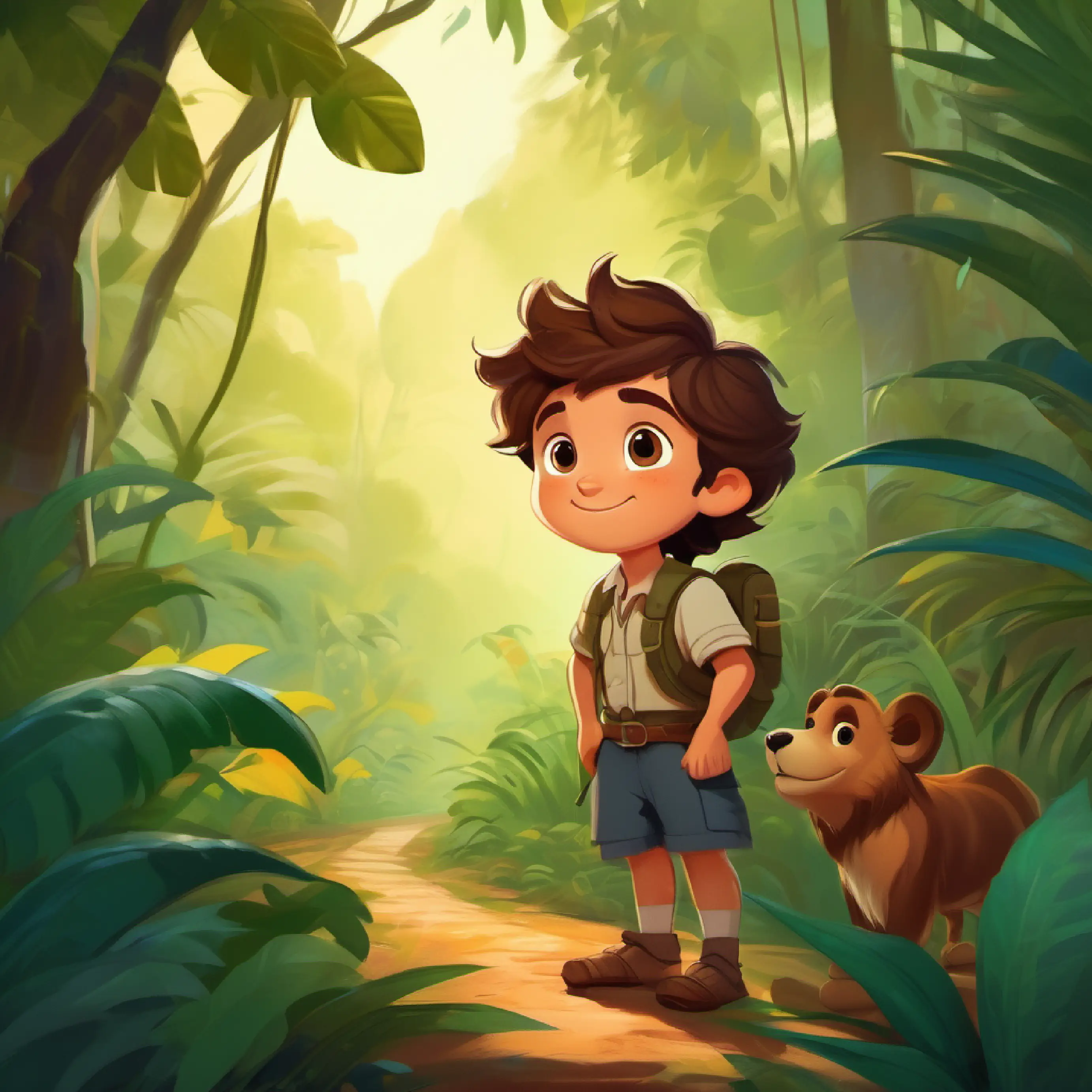 Brave boy with brown hair, curious eyes, and a warm smile's special connection with nature and the creatures in the jungle.