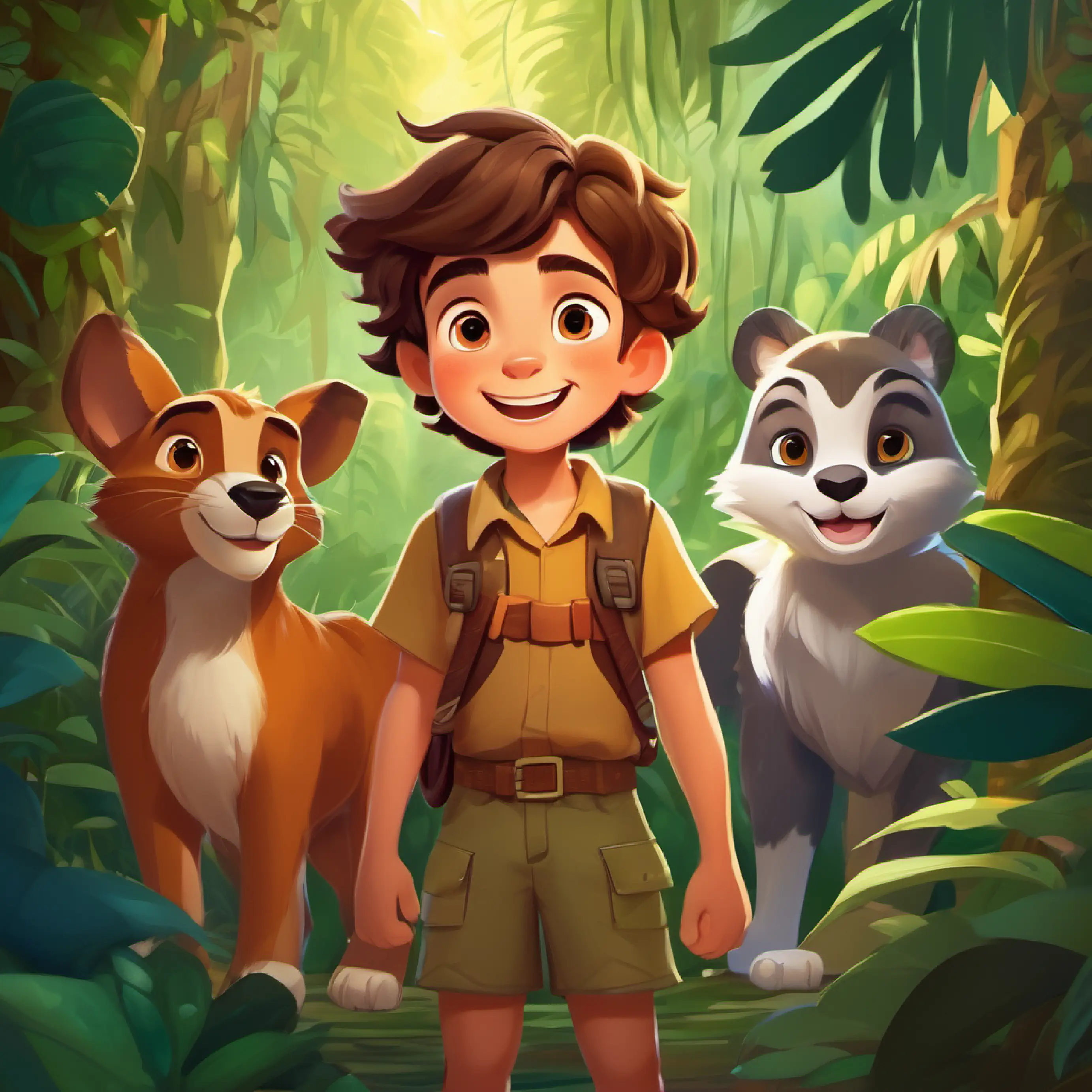 Brave boy with brown hair, curious eyes, and a warm smile's joyful friendship with the animals in the jungle.