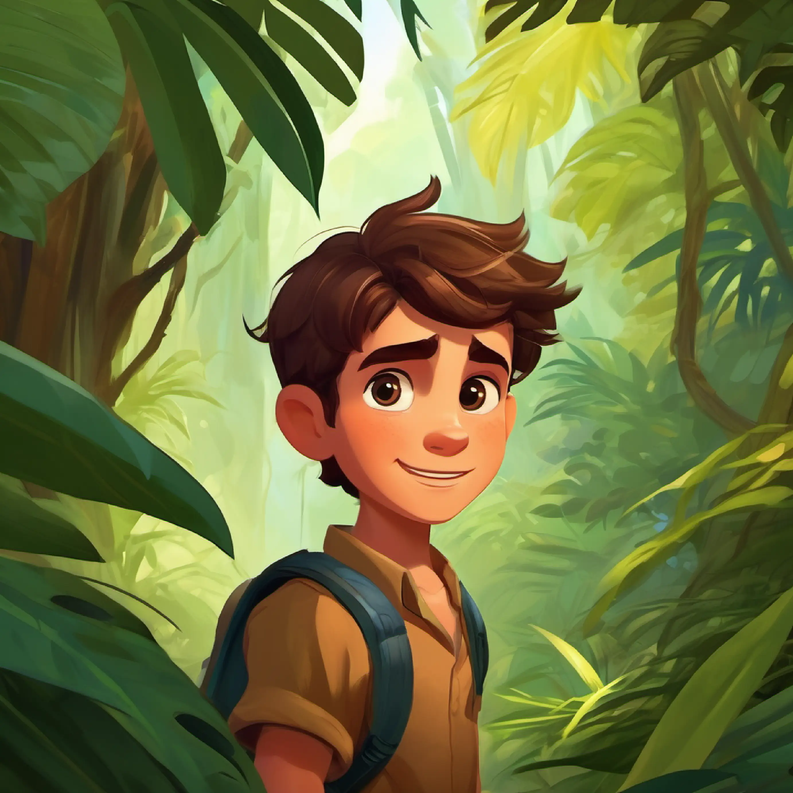 Brave boy with brown hair, curious eyes, and a warm smile resolving conflicts and maintaining harmony in the jungle.