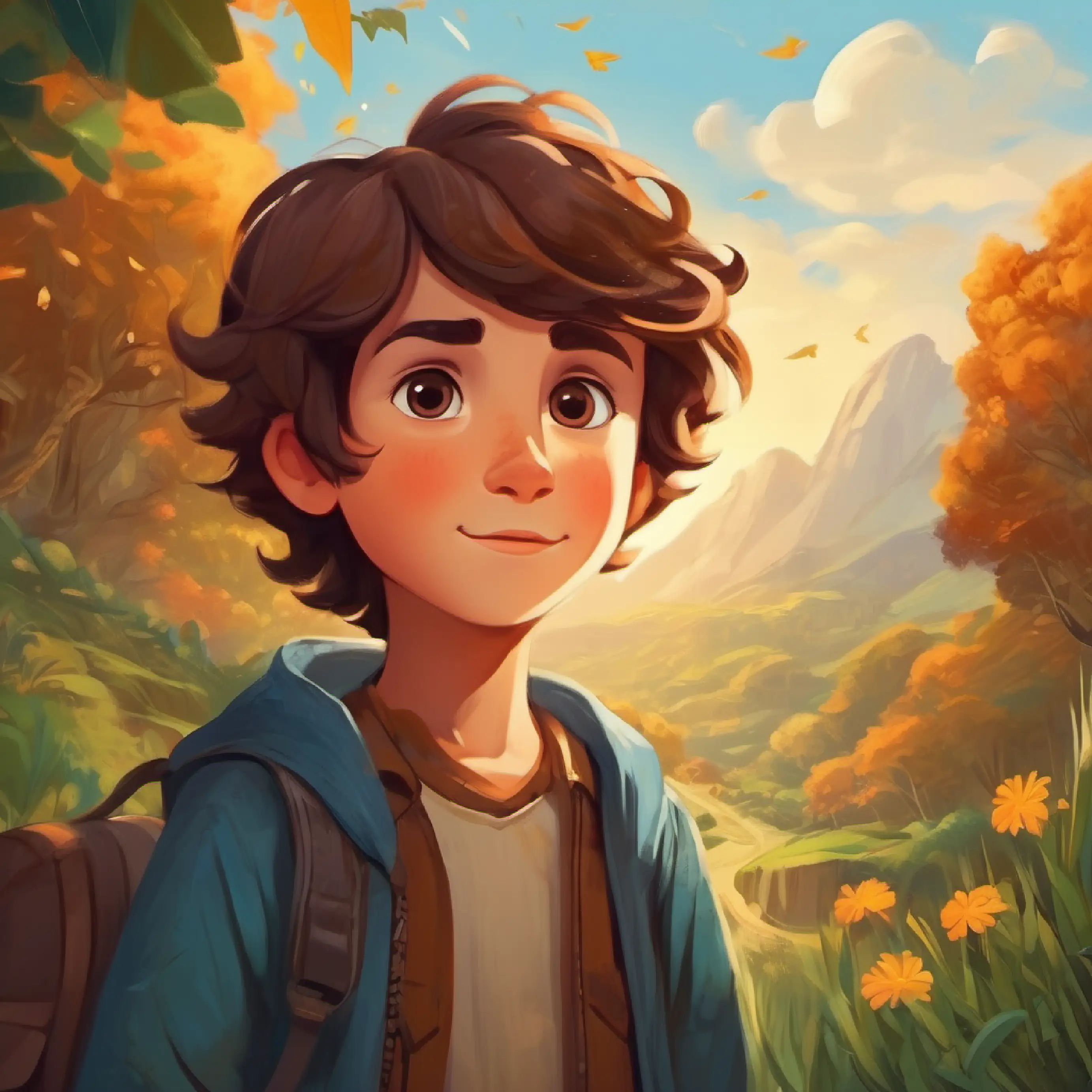 Brave boy with brown hair, curious eyes, and a warm smile's wisdom about the importance of coexistence and understanding between humans and nature.