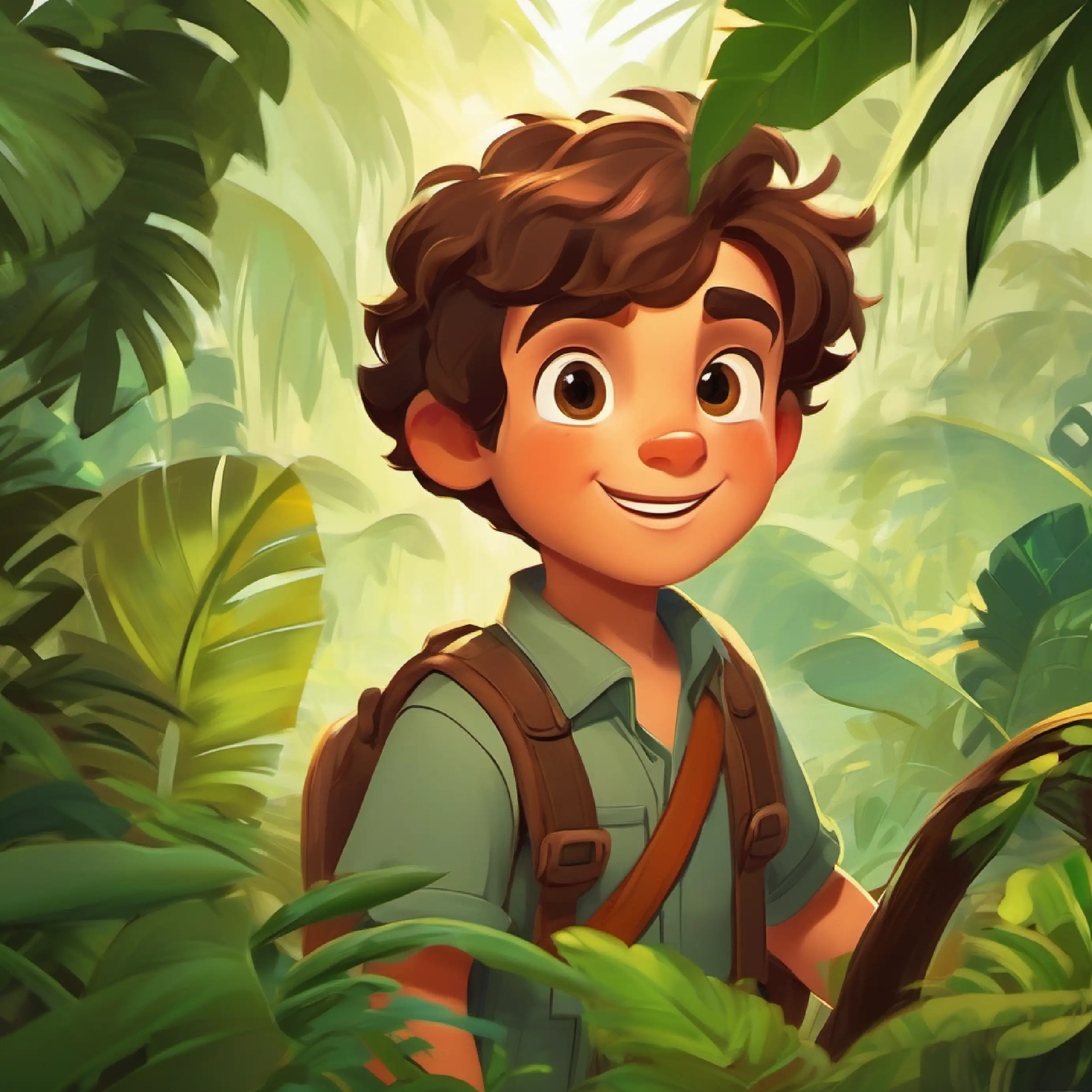 Brave boy with brown hair, curious eyes, and a warm smile's ongoing playful adventures and protection of the jungle.