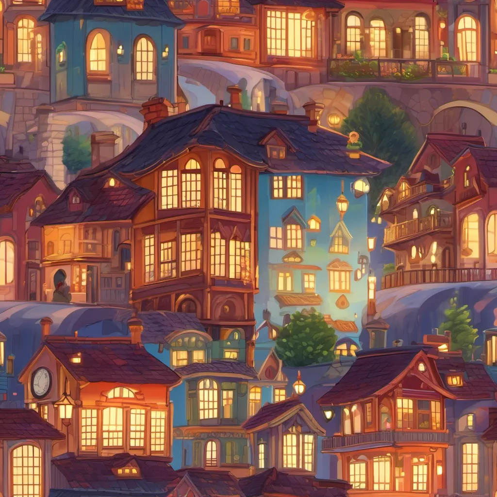 A whimsical town with glowing buildings, a large clock showing the moment just before midnight, with lively colors and a magical atmosphere.