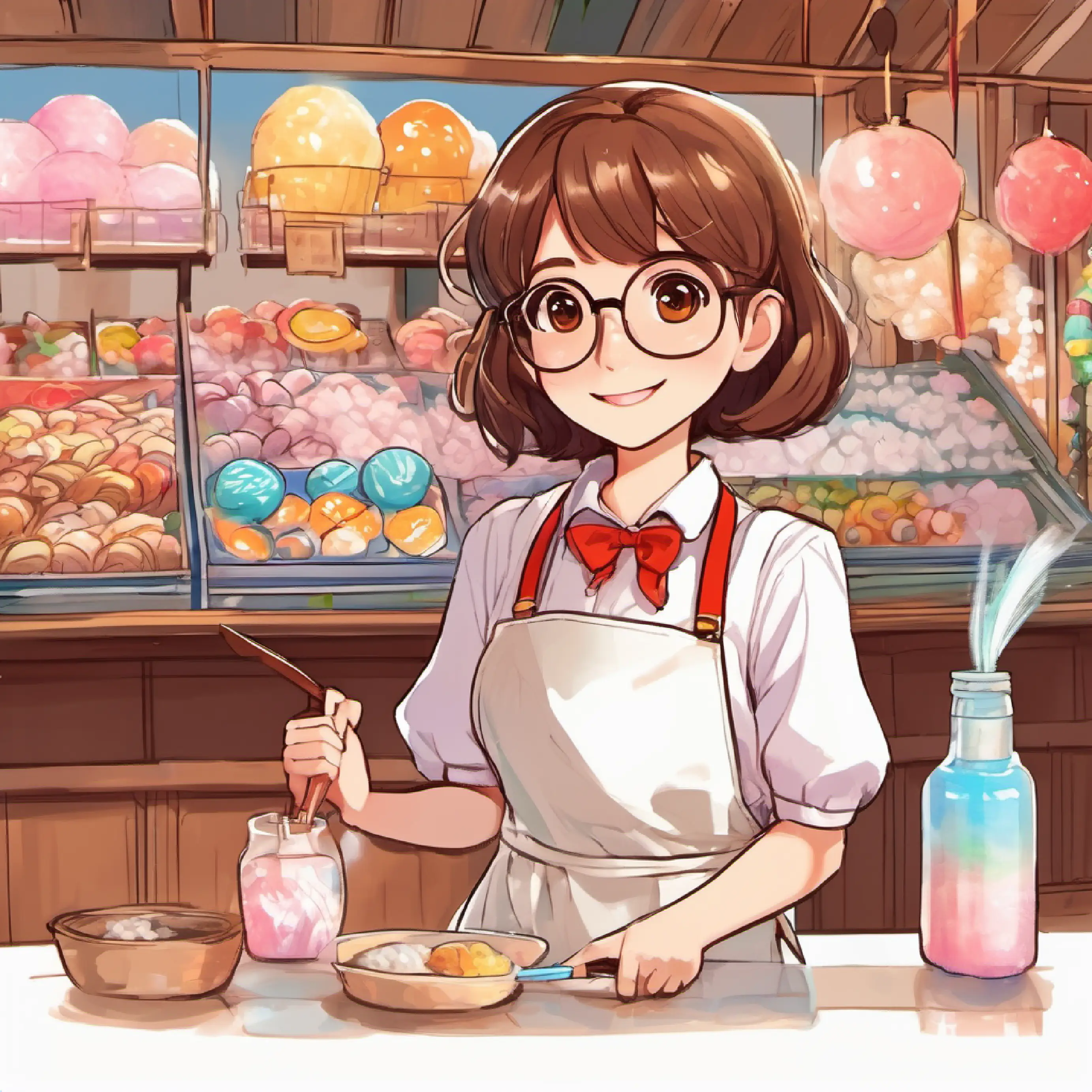 Keen young student, short brown hair, curious brown eyes thanks Cheerful stall owner, white apron, warm smile, glasses, enjoys cotton candy, reflecting