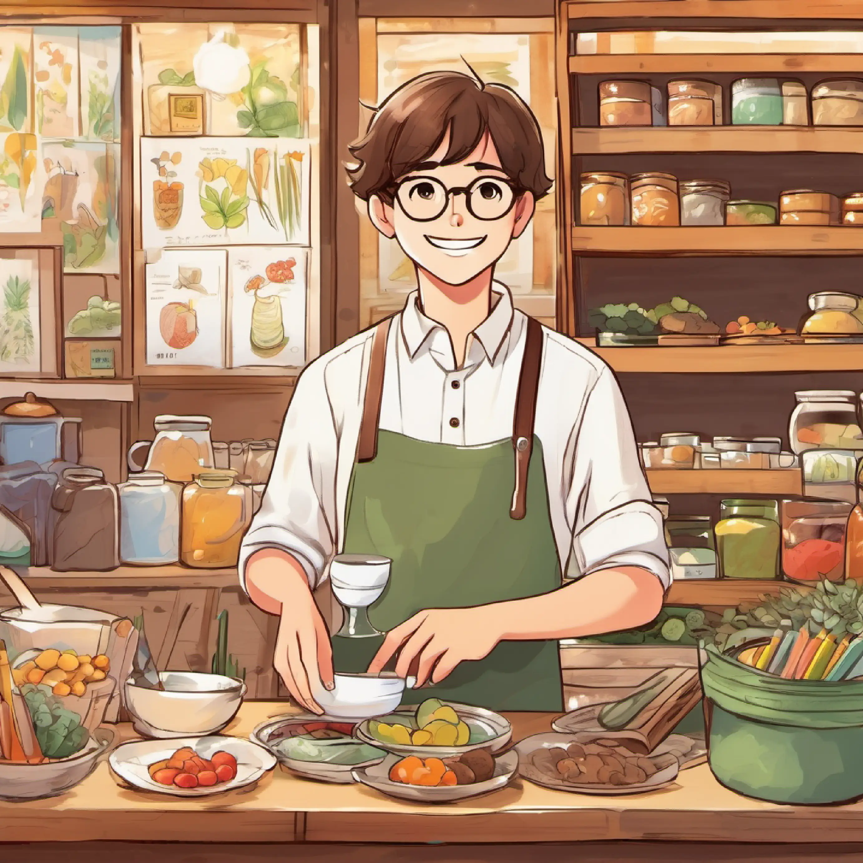 Keen young student, short brown hair, curious brown eyes meets Cheerful stall owner, white apron, warm smile, glasses at his craft stall