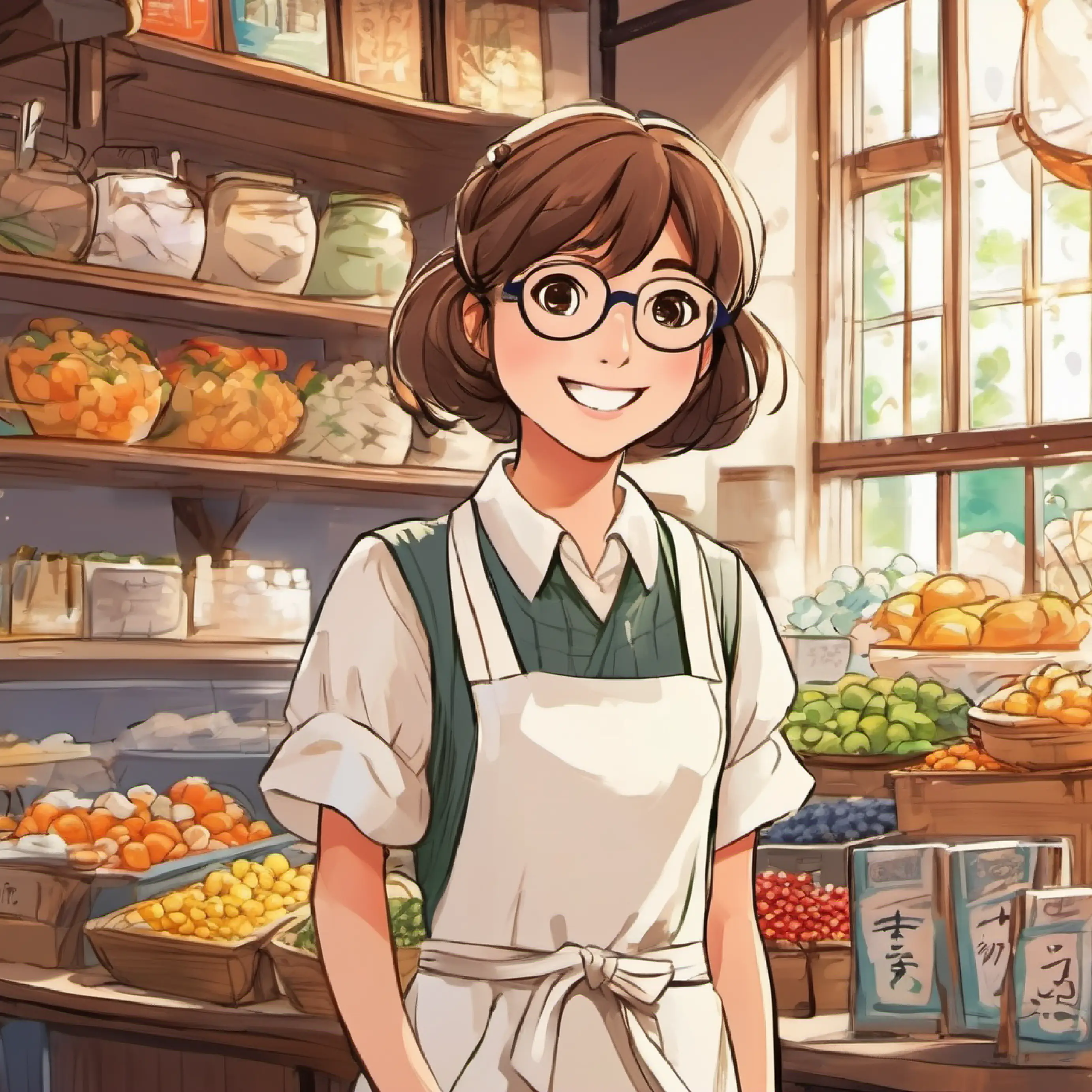 Keen young student, short brown hair, curious brown eyes asks Cheerful stall owner, white apron, warm smile, glasses about taxes