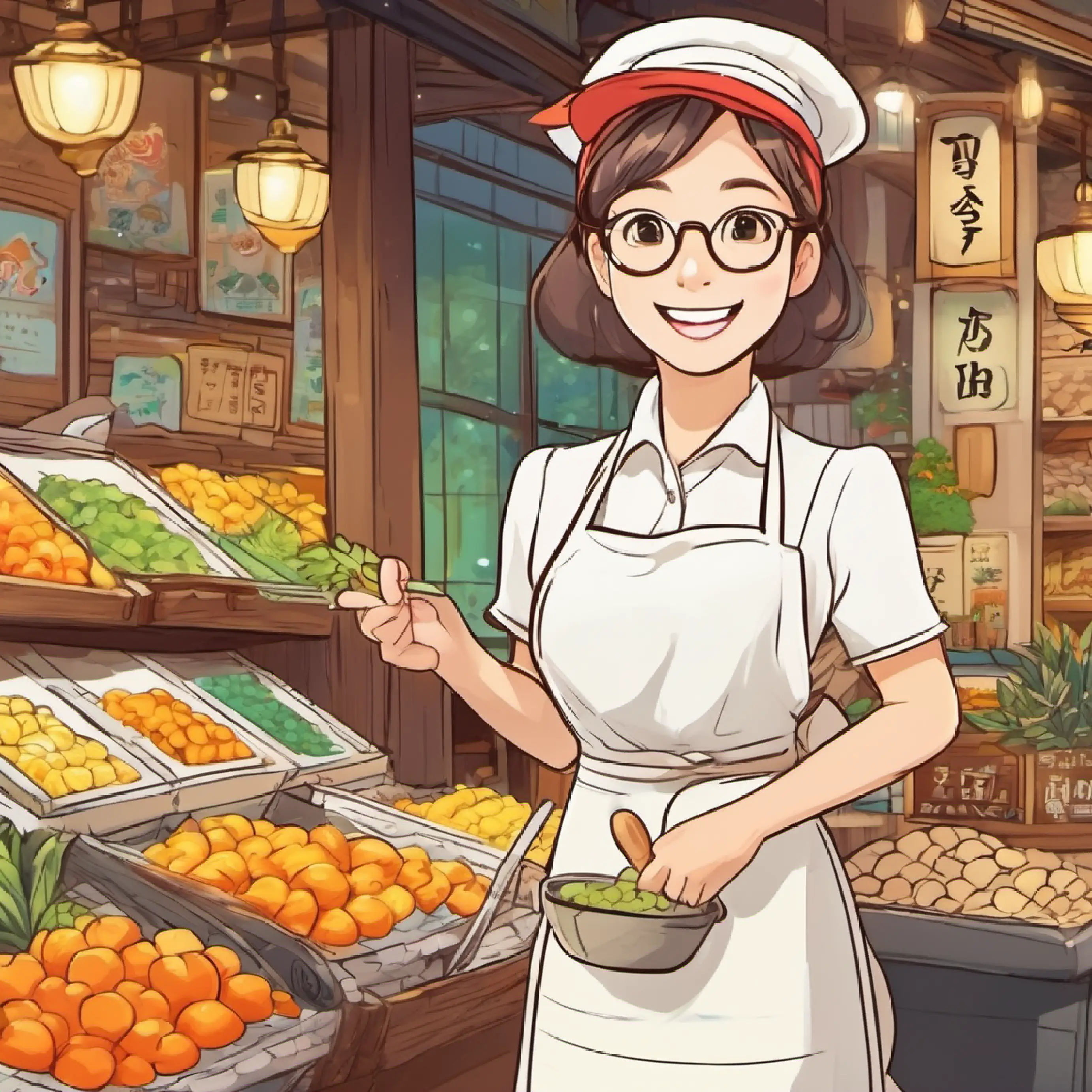 Cheerful stall owner, white apron, warm smile, glasses introduces the role of taxes