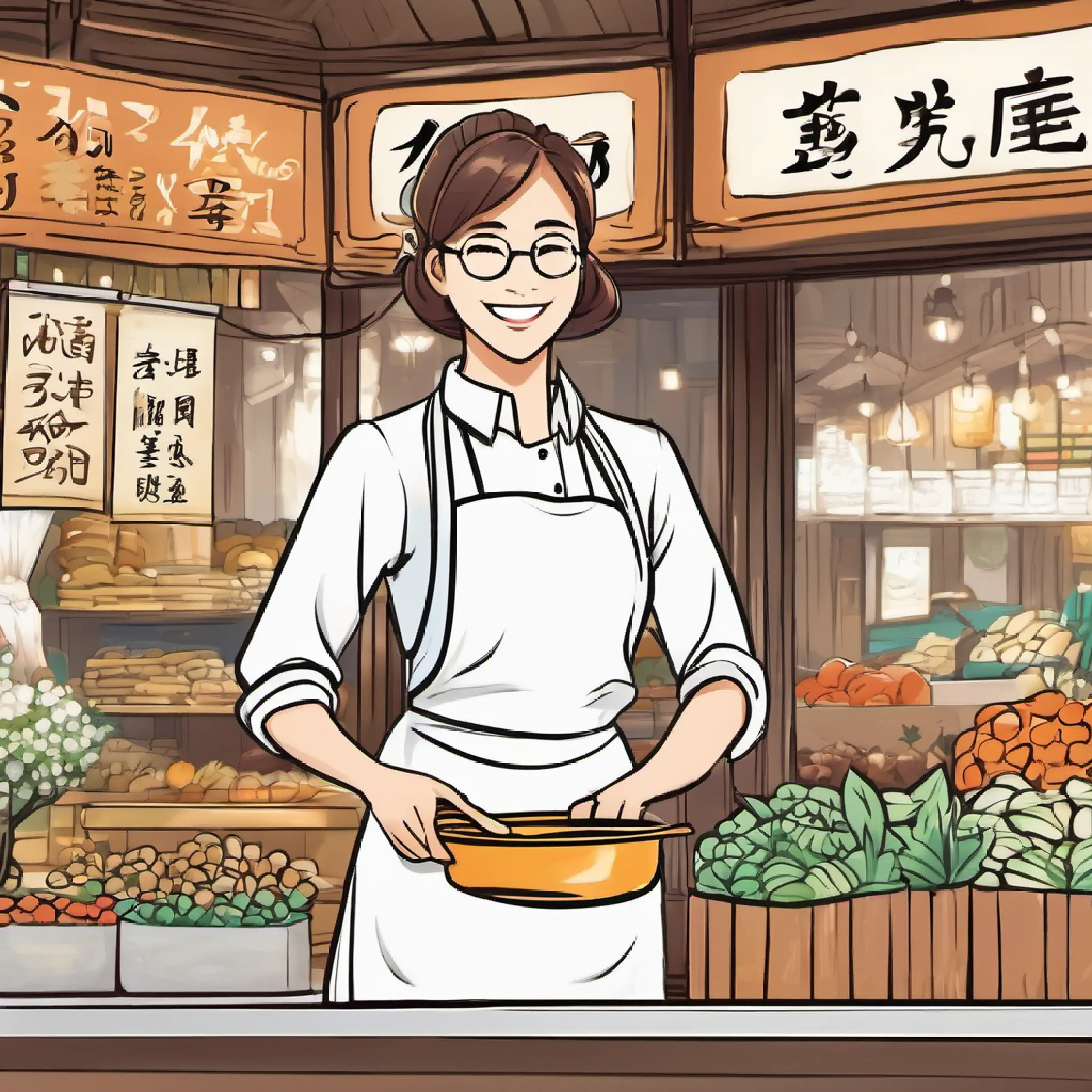 Cheerful stall owner, white apron, warm smile, glasses explains tax flow to government and back