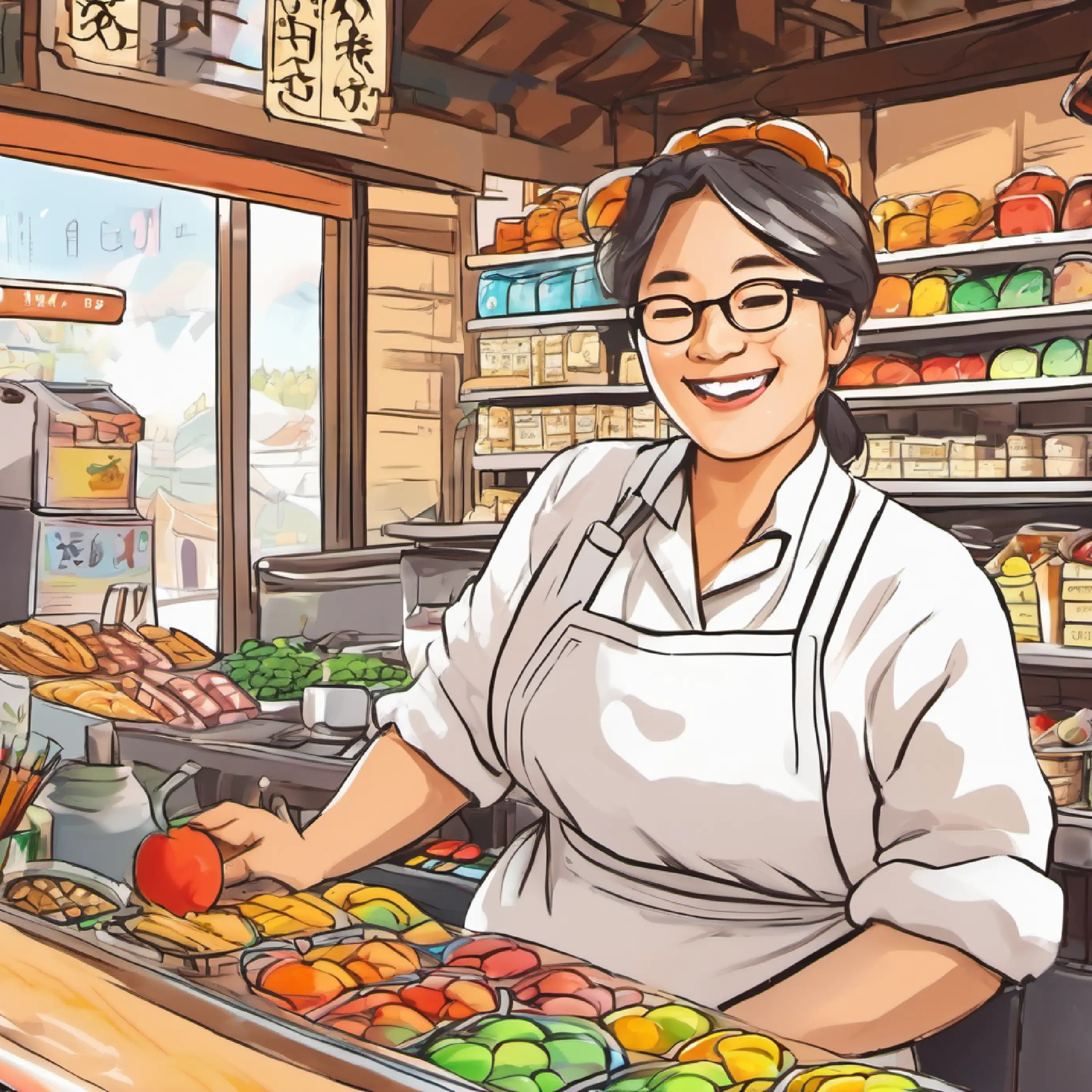 Cheerful stall owner, white apron, warm smile, glasses explains taxes fund public amenities