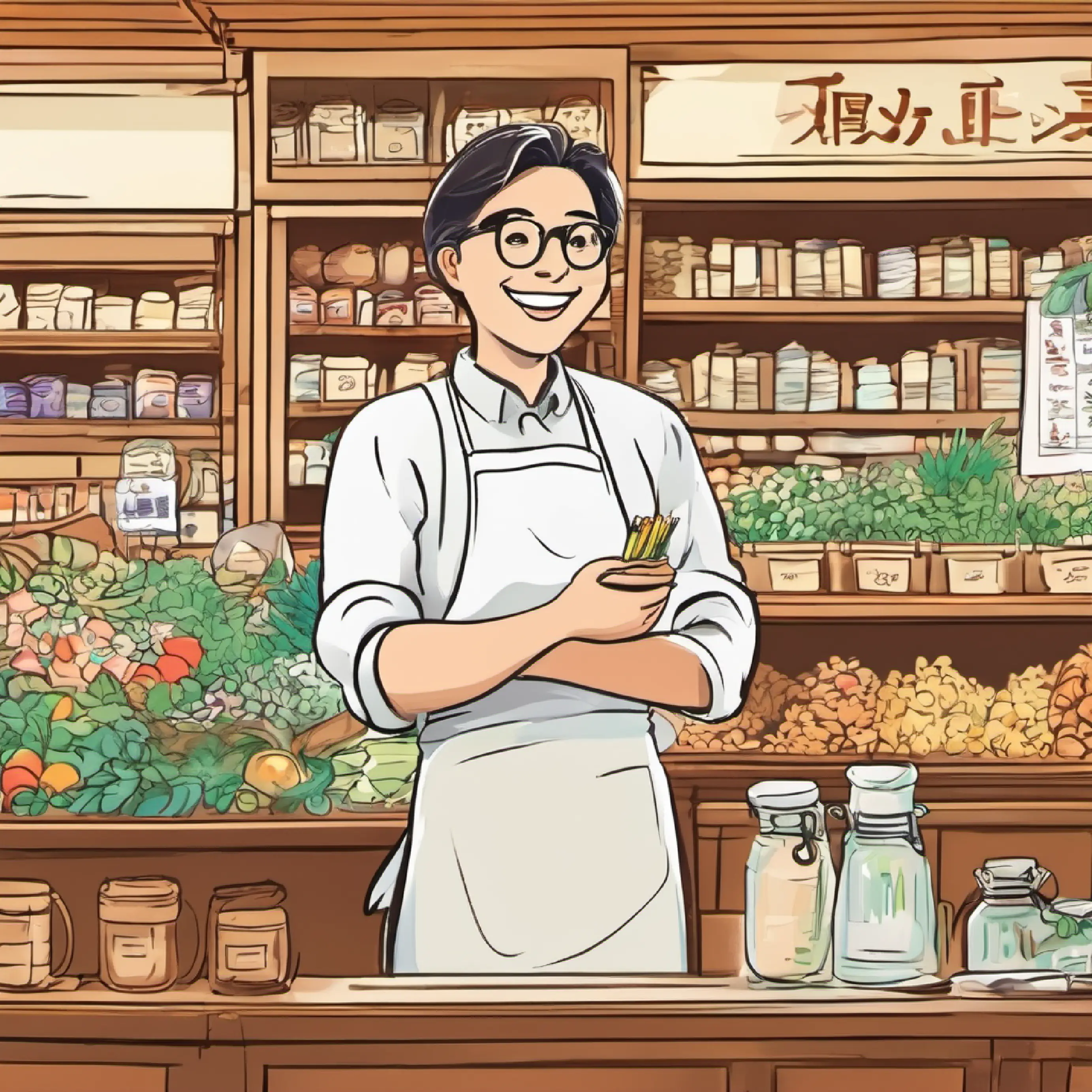 Cheerful stall owner, white apron, warm smile, glasses discusses government budget plans