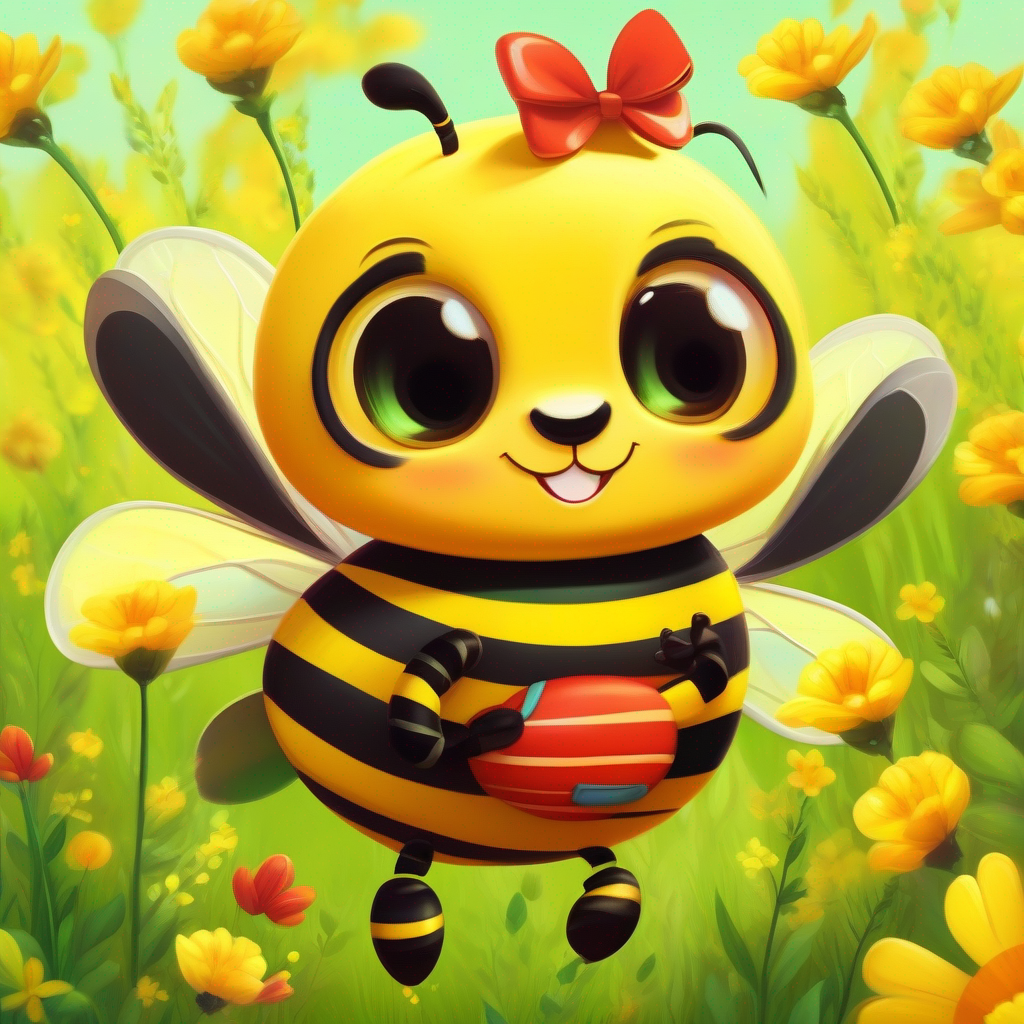 Cheerful bee with yellow and black stripes. Wears a cute bow.  and friends explore the meadow. Colors: yellow, red, green.