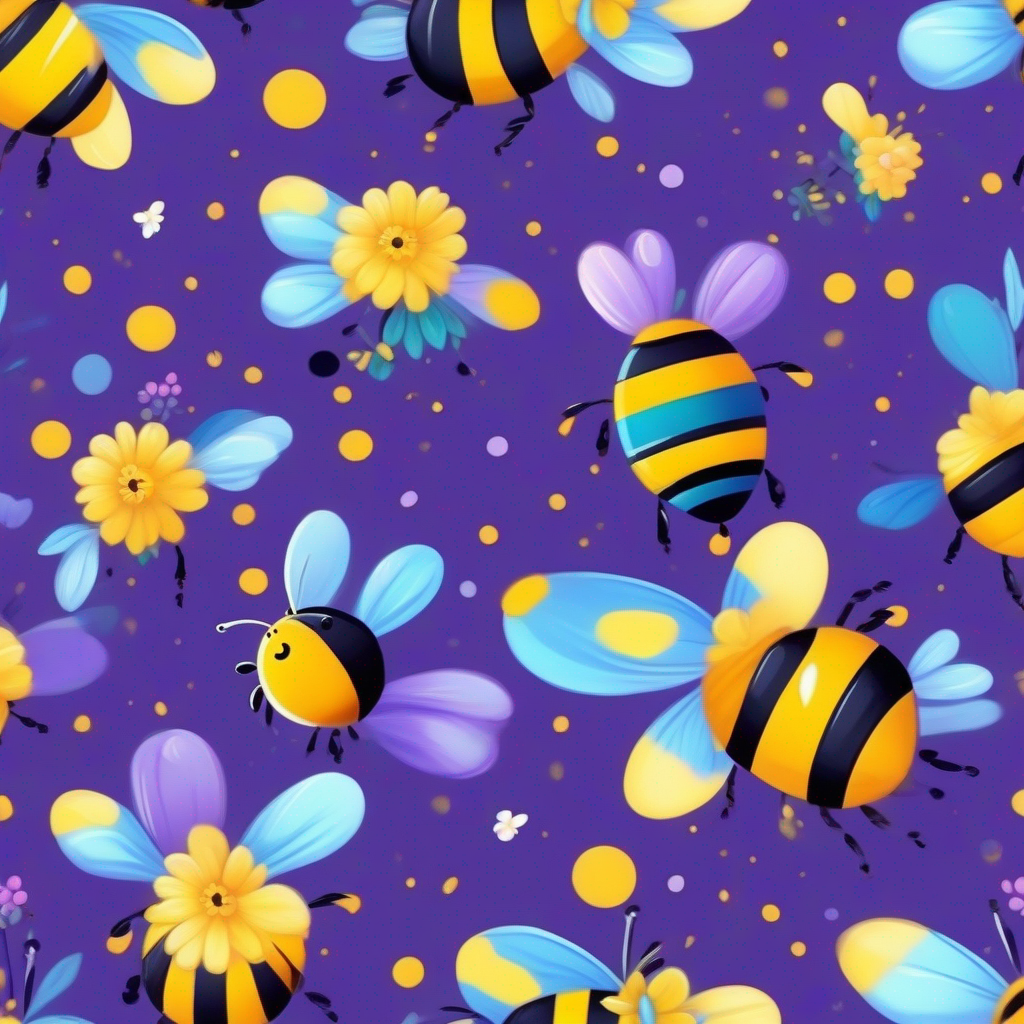 Cheerful bee with yellow and black stripes. Wears a cute bow.  spots a new flower. Colors: purple, blue.