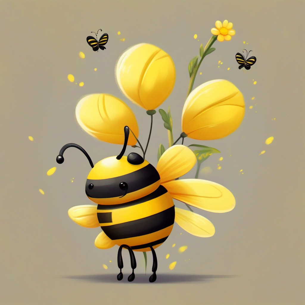 Cheerful bee with yellow and black stripes. Wears a cute bow.  asks the sad flower why it feels left out.
