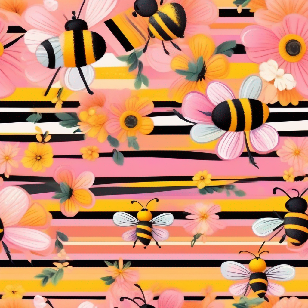 Cheerful bee with yellow and black stripes. Wears a cute bow.  gathers friends to plan a flower fiesta. Colors: pink, orange, yellow.