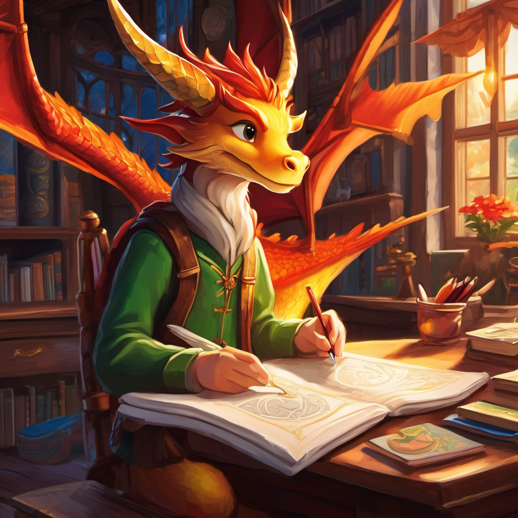 Once upon a time, in a small town called Everland, there lived a little boy named Timmy. Timmy was eight years old and had a wild imagination. He loved drawing and spent hours creating colorful dragons on sheets of paper. His favorite was a magnificent dragon with fiery red wings and a shimmering golden tail. One peaceful evening, as the sun began to set, Timmy sat at his desk and started drawing his beloved dragon once again. He carefully drew each scale, making sure every detail was perfect. Timmy believed that his dragon could come alive with the power of his imagination.