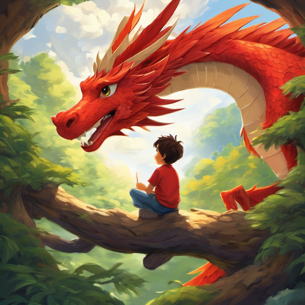 As Timmy finished drawing, he looked at his paper dragon with a hopeful smile. "I wish you were real," he whispered. He closed his eyes and imagined the dragon soaring through the sky, its wings flapping gracefully against the wind. To his surprise, when Timmy opened his eyes, a burst of magical light illuminated his room. He rubbed his eyes in disbelief, but when he looked again, he couldn't believe what he saw. The paper dragon had come to life! It stood tall and proud in his bedroom, its red wings spread wide.