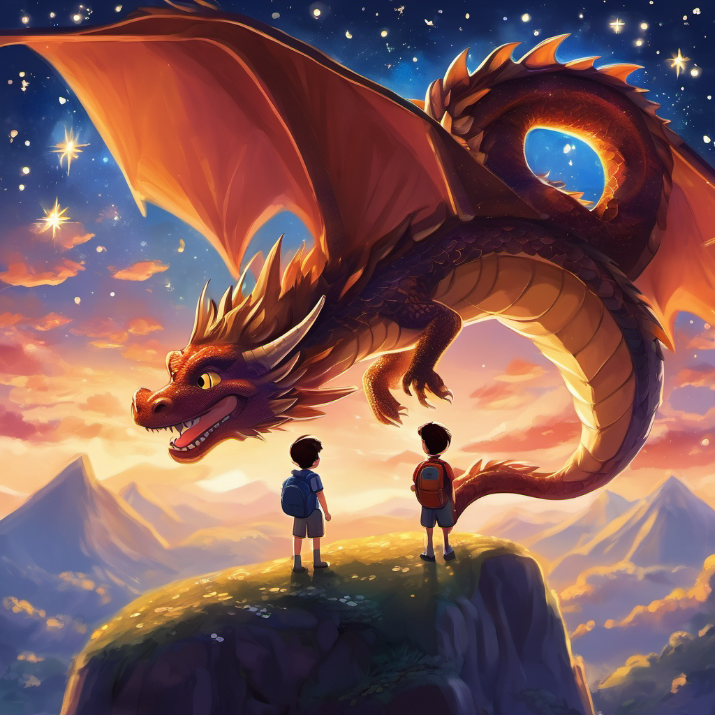 Timmy listened intently, absorbing every word the dragon said. He imagined flying even higher, and suddenly, they were surrounded by twinkling stars and shimmering galaxies. Timmy was fascinated by the enchanting scenery and smiled brightly. After what felt like an eternity of adventures, it was time to return home. Timmy hugged the dragon tightly, grateful for the magical experience they shared. As they landed gently in his room, the dragon gracefully transformed back into the paper drawing.
